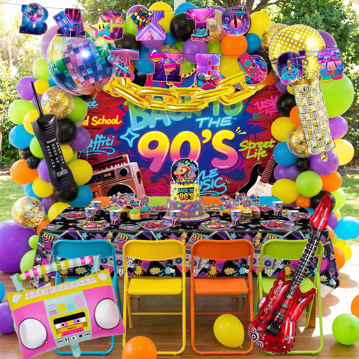 ElifJoyDeco 90s Party Decorations Birthday Supplies Set with Backdrop Balloons and Tableware (128 Pieces) swqdf