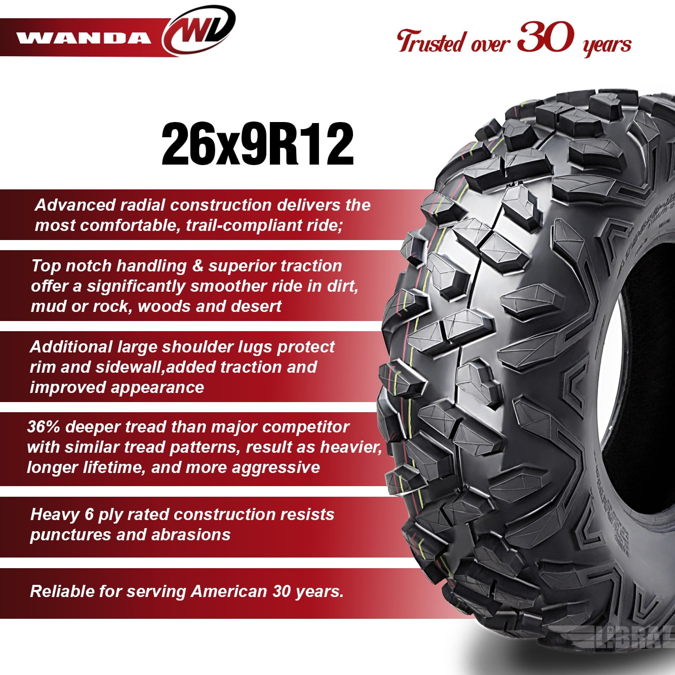 WANDA 26x11R12 Radial Rear Tire Set for Kawasaki Teryx4 (26x11R12) 61ed6
