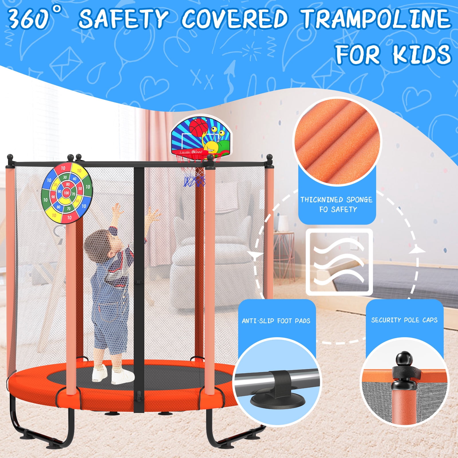 ACWARM HOME 60 in Toddler Trampoline with Safety Net and Basketball Hoop (Orange, 5 ft) p407q