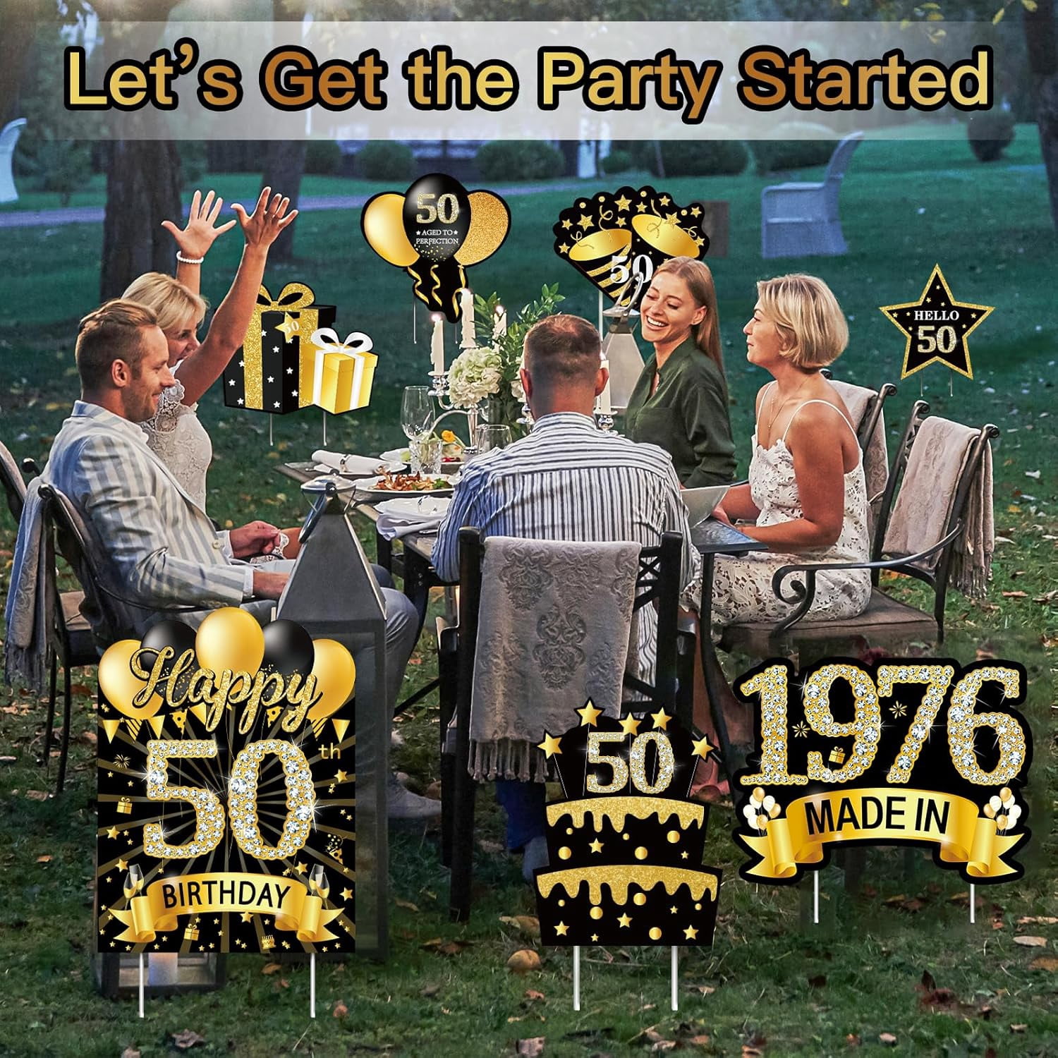 Generic 50th Birthday Yard Sign Decorations Set, Black and Gold Lawn Party Supplies with Stakes (7 Pieces) fw8yt
