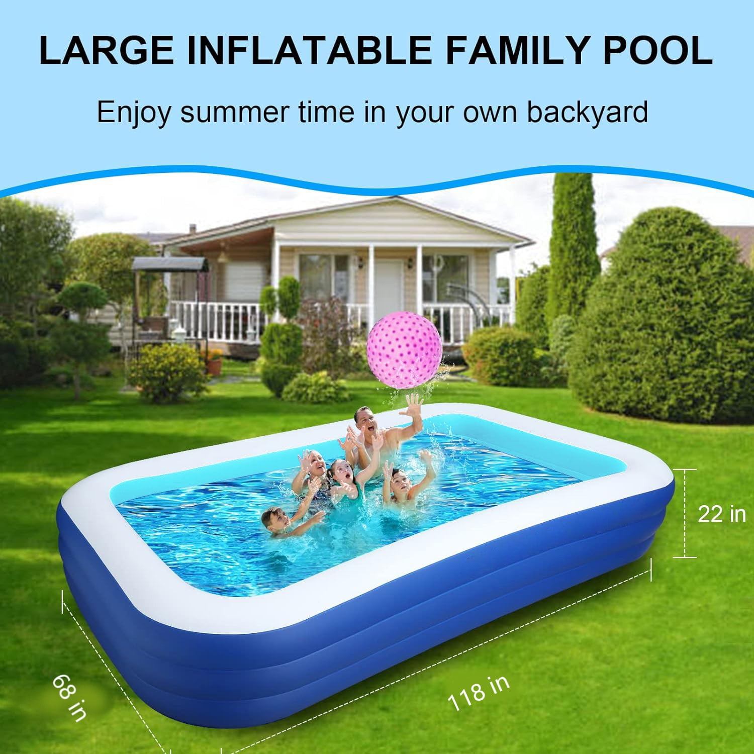 BN-LINK Inflatable Family Swimming Pool, Oversized Rectangular Backyard Water Lounge (Blue, 118 in x 68 in x 22 in) 6t37q