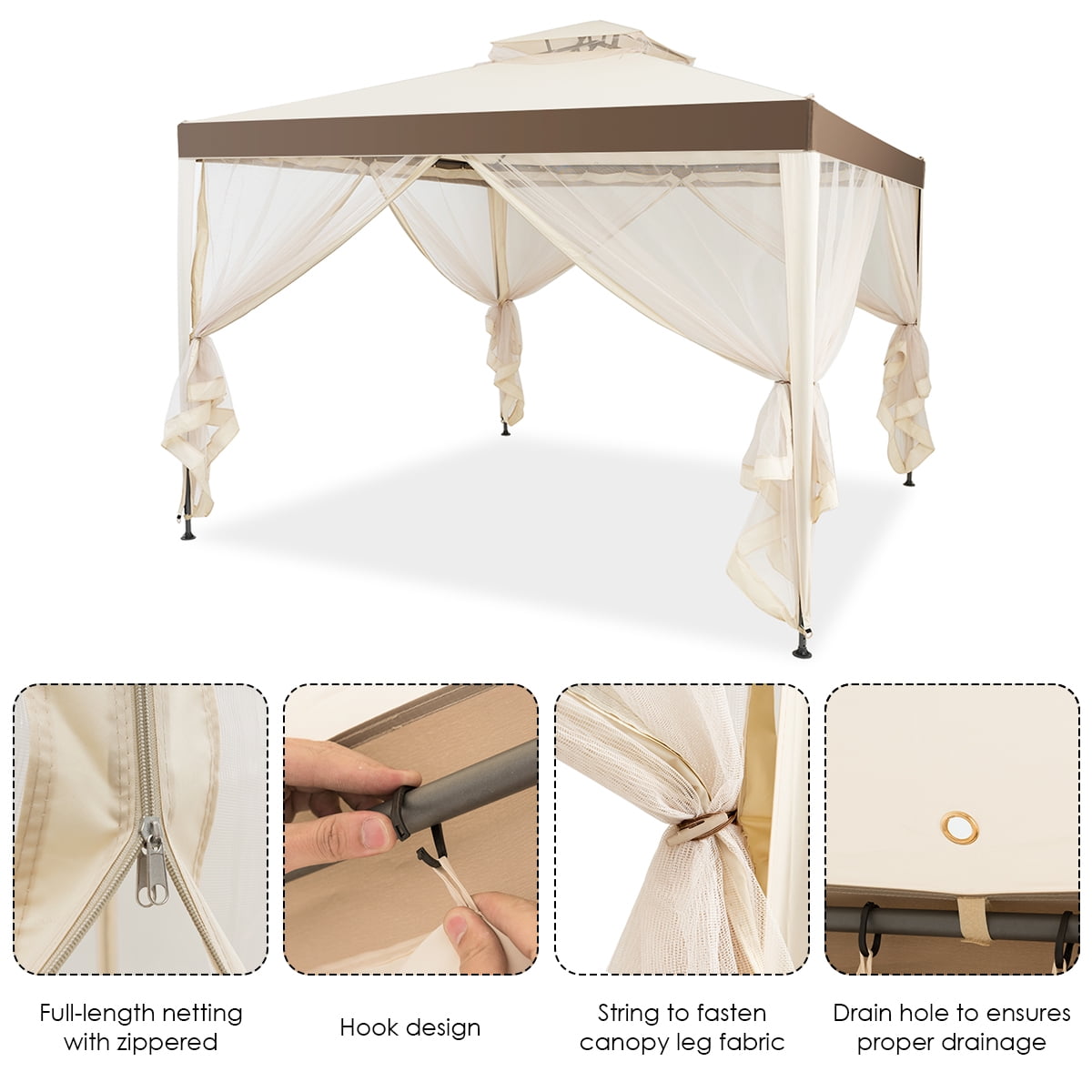 Costway Outdoor Event Canopy Tent with Mosquito Netting (Beige, 10 ft x 10 ft) 2gfqa