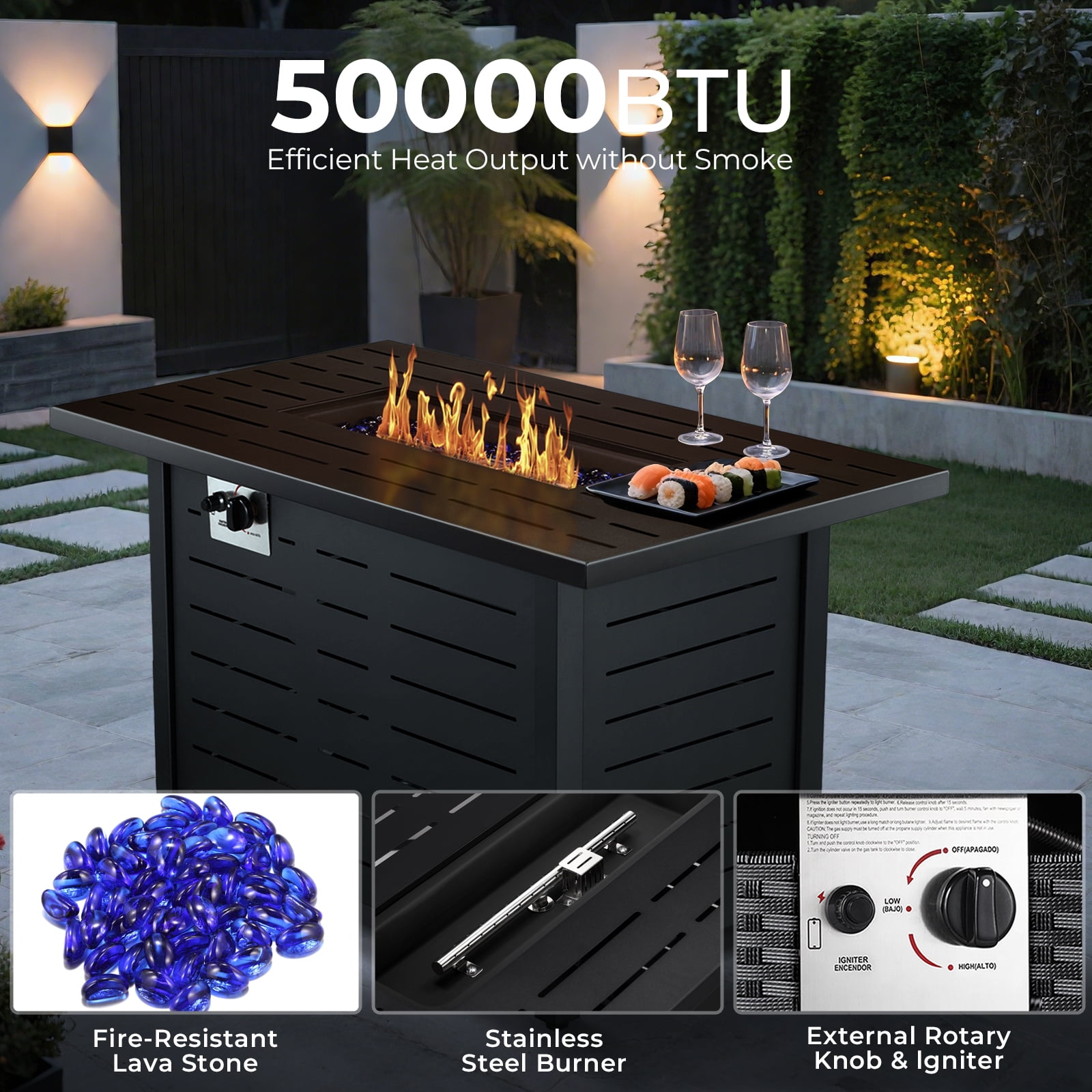 WAA 43 Inch Propane Fire Pit Table, 50,000 BTU Outdoor Gas Fireplace with Lid and Lava Rocks (Black, 43 in) 3pi61