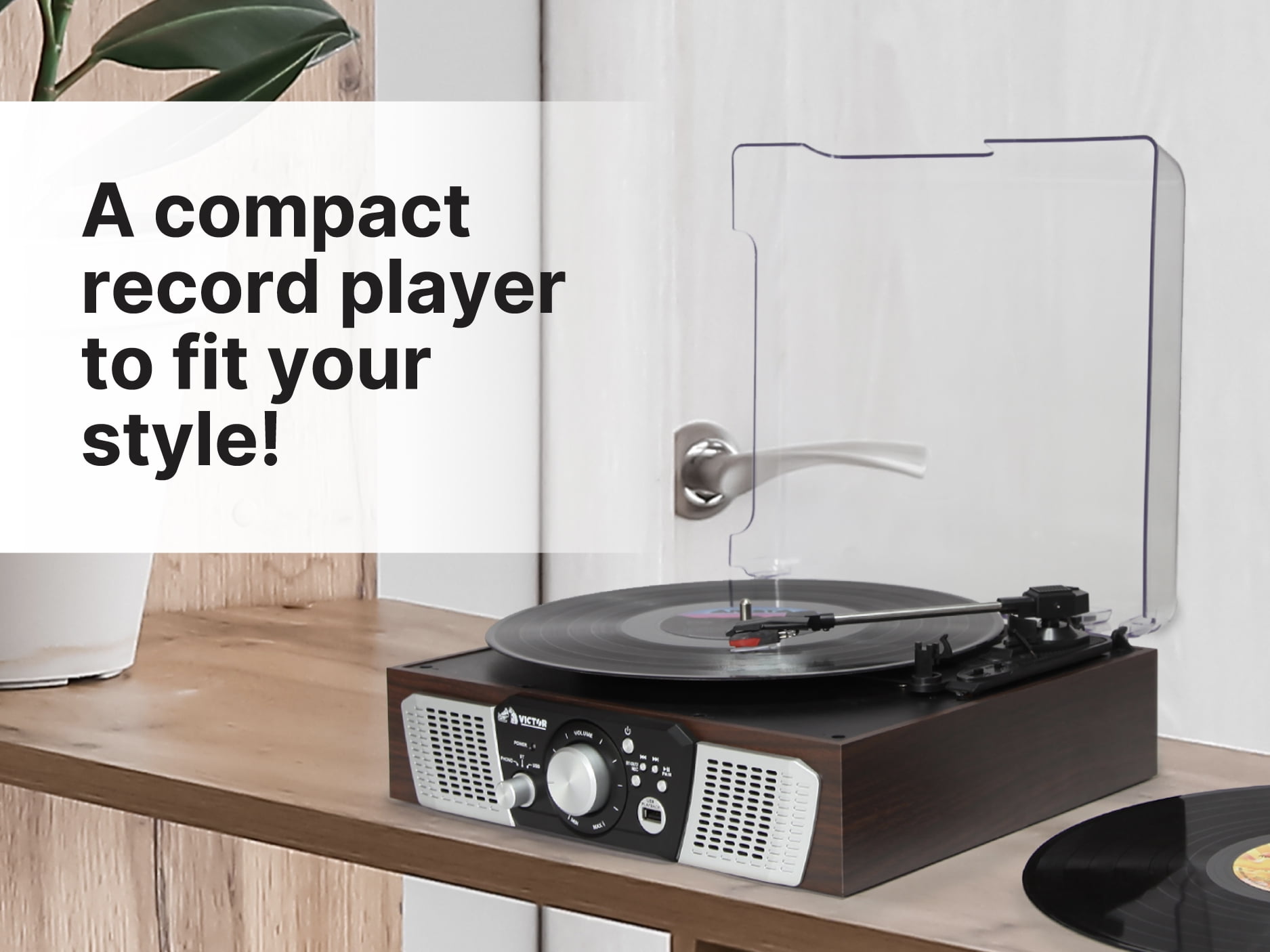 Victor Lakeshore 5-in-1 Turntable System with 3-Speed Record Player, Bluetooth, USB Recording, and Stereo Speakers (Black) 0k5pu