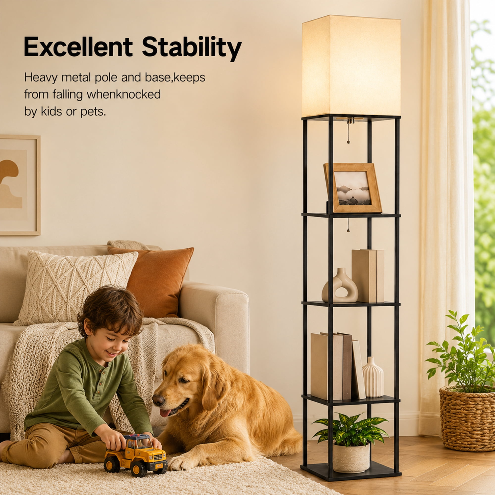 DAYBETTER 4-Tier Floor Lamp with Shelves, Modern Corner Bookshelf Lamp with 3-Color Temperature LED Bulb (Black, 69 in) zbfyx