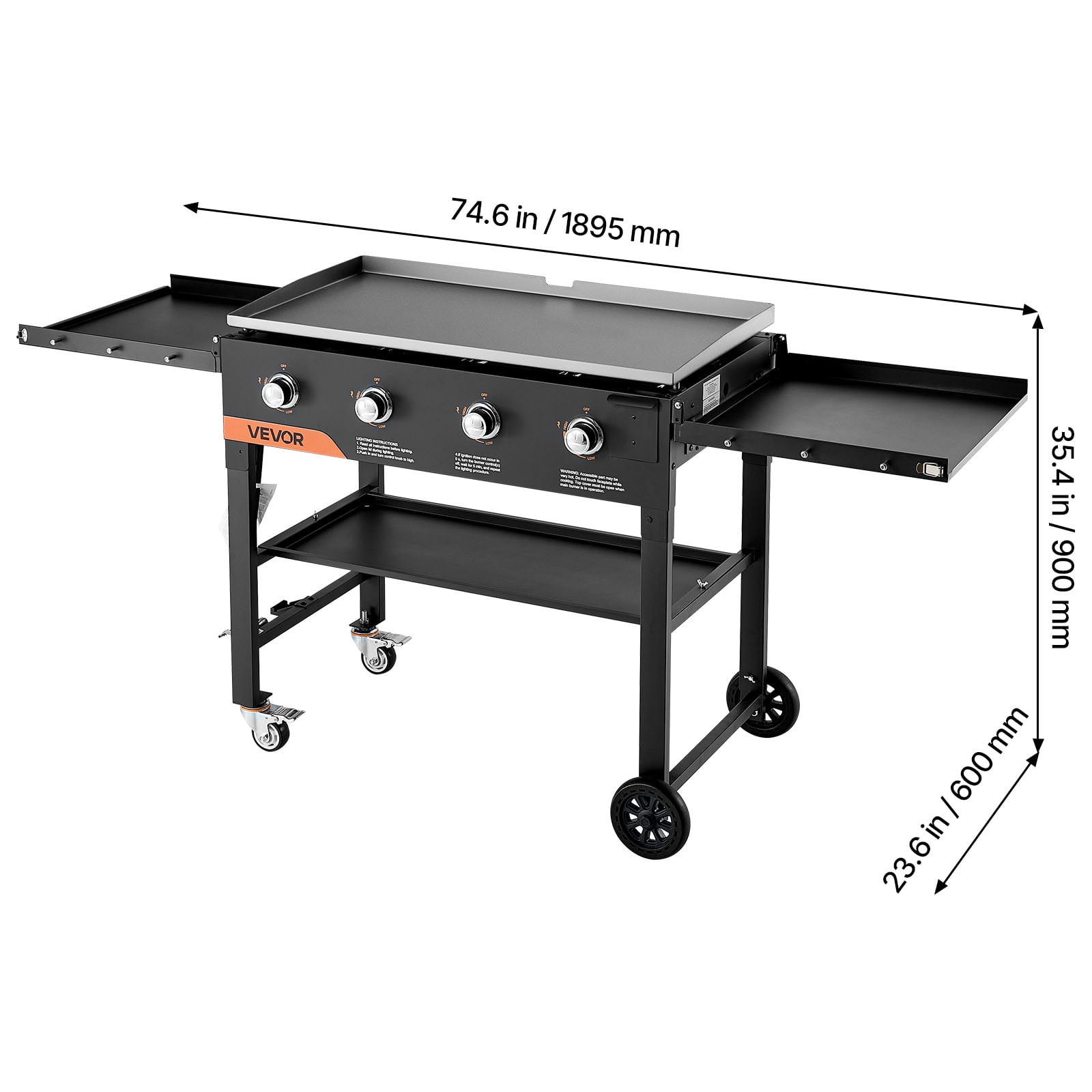 VEVOR 4-Burner Propane Gas Griddle, Outdoor Flat Top Grill with Foldable Cart and Wheels (36 in) cjy7q