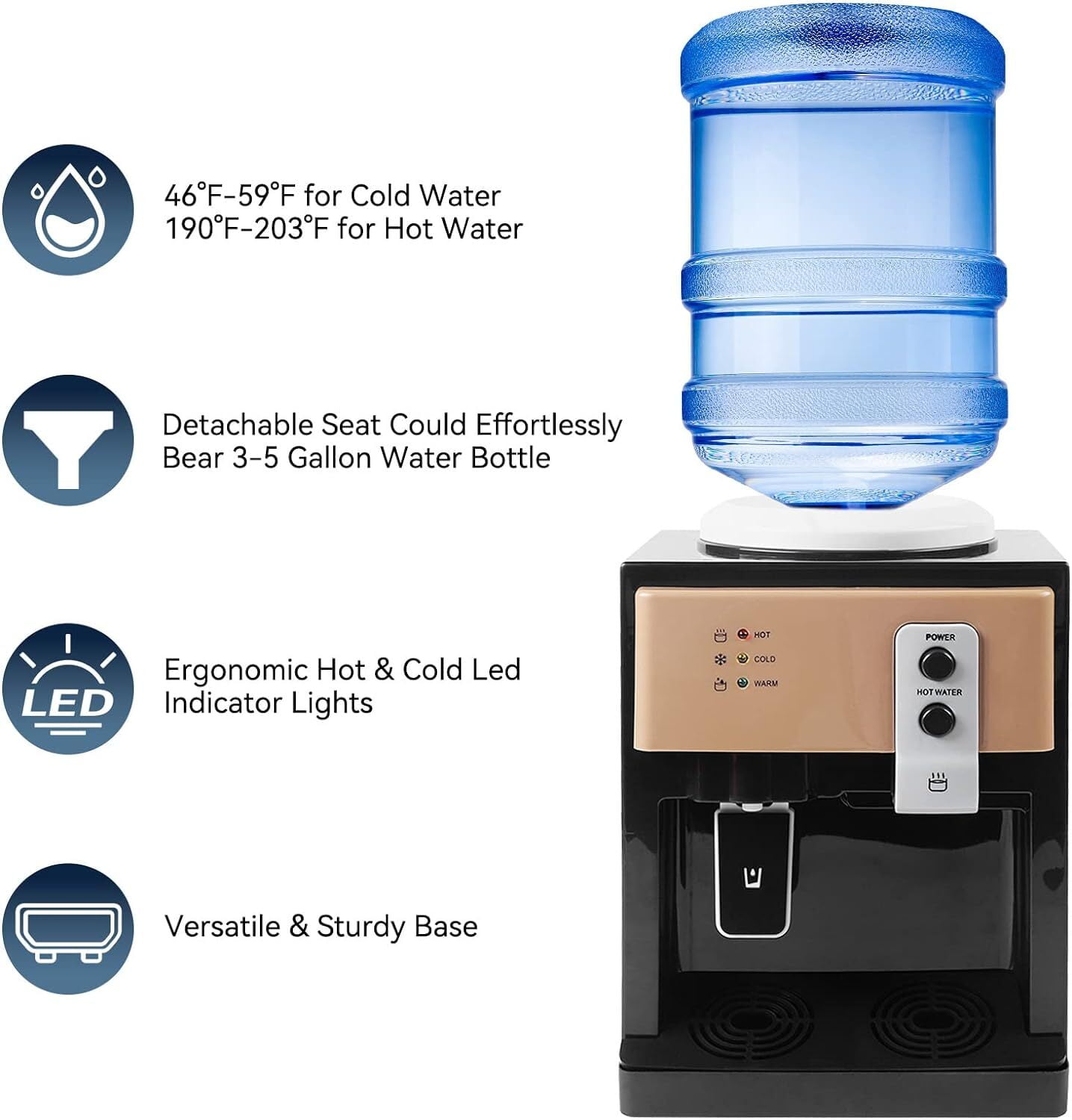 Generic Top Loading Countertop Water Dispenser with Hot and Cold Temperature Settings (Black, 1.2 to 5 Gallon Capacity) kk2rt