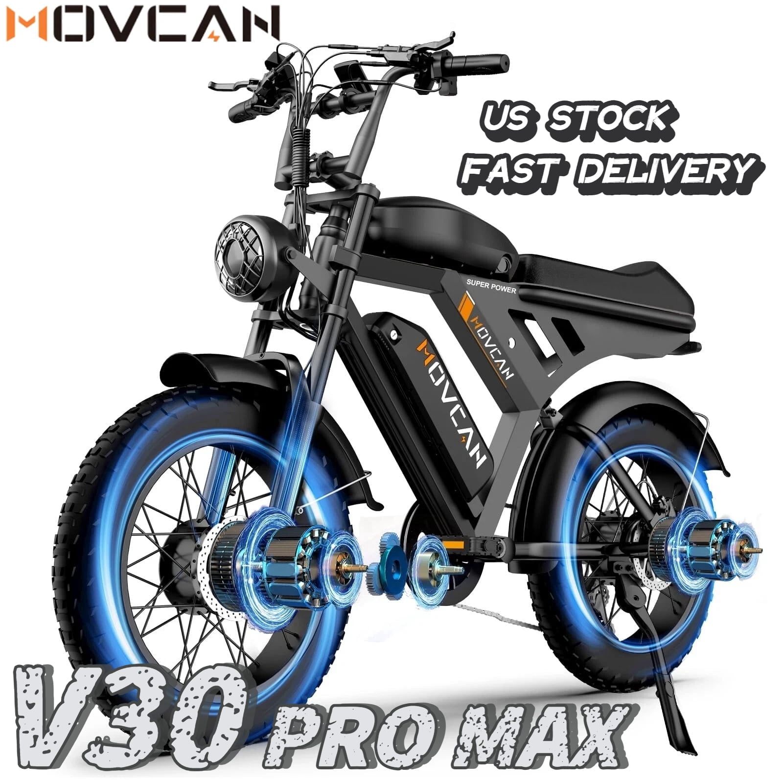 Movcan V30 Pro Max Electric Bike for Adults, 3000W Dual Motor Off-Road E-Bike, 120 Mile Range, 20 in x 4 in Fat Tires (Black) 1apag