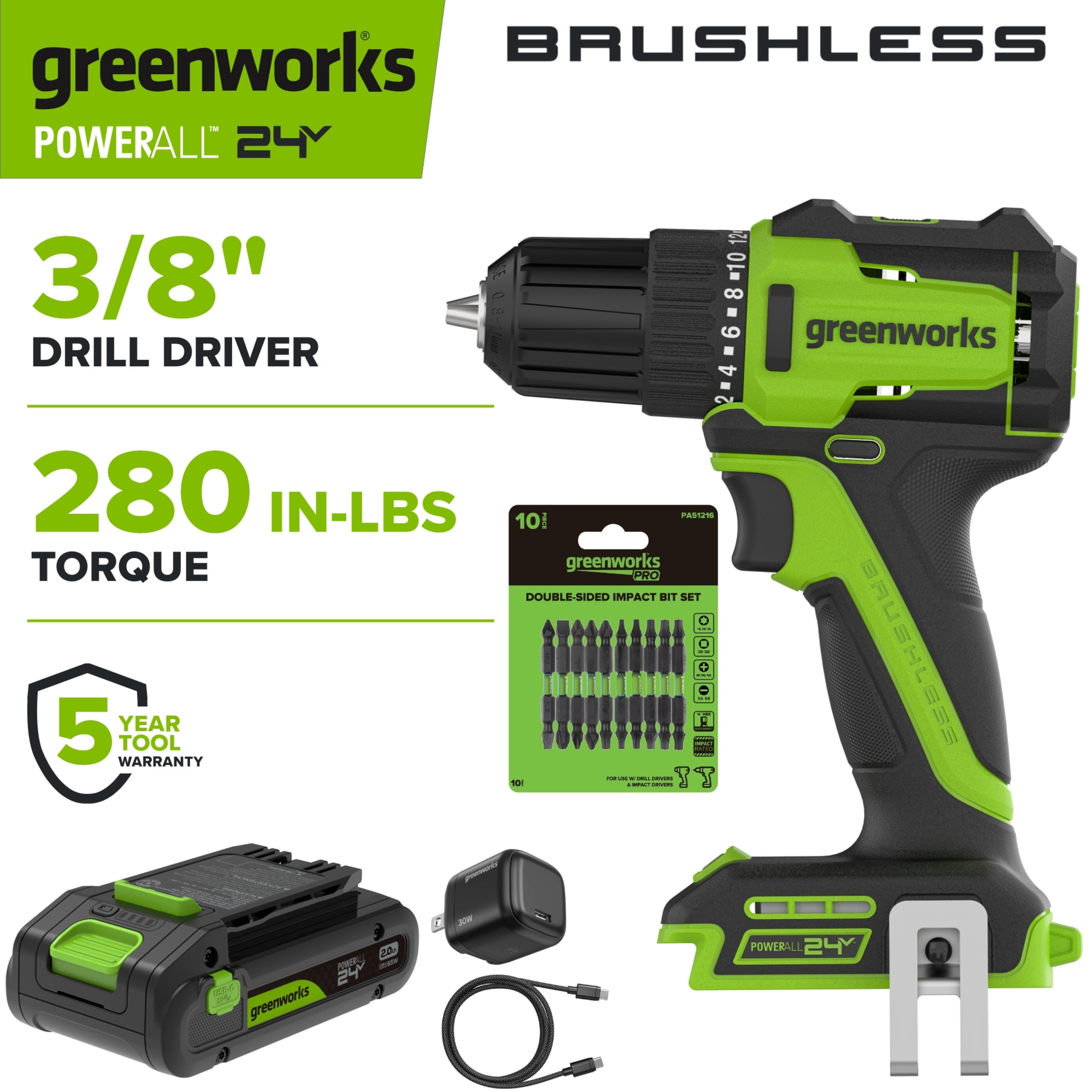 Greenworks PowerAll 24V Brushless 3/8 in Drill Driver with 2Ah USB-C Battery (280 in-lb, Compact) ma8v5