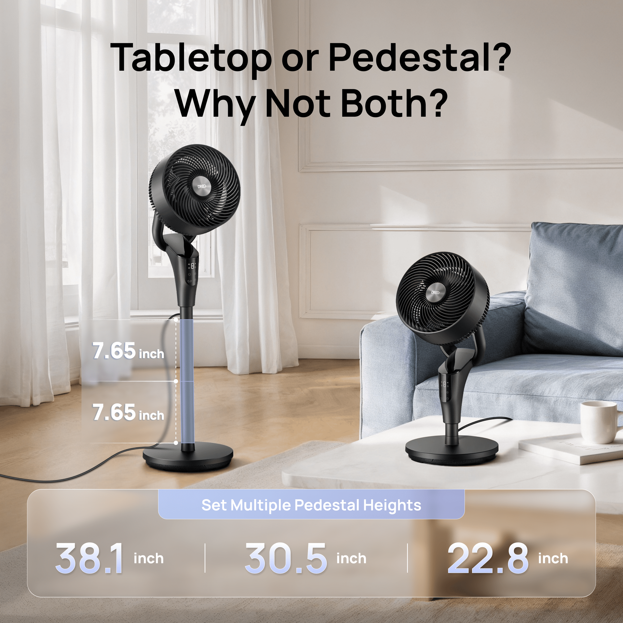 DREO Pedestal Fan, 2-in-1 Adjustable Table and Floor Fan, Ultra Quiet Oscillating Cooling Fan with Remote (Black, 38.1 in) 0hm7r