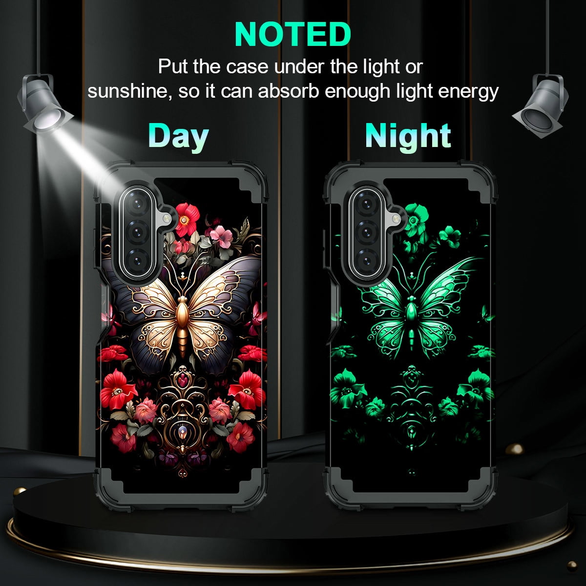 Casetego Samsung Galaxy A17 5G Case, Heavy Duty Shockproof Glow in the Dark Protective Cover (Black Red Butterfly, 1 Pack) 5gpkw
