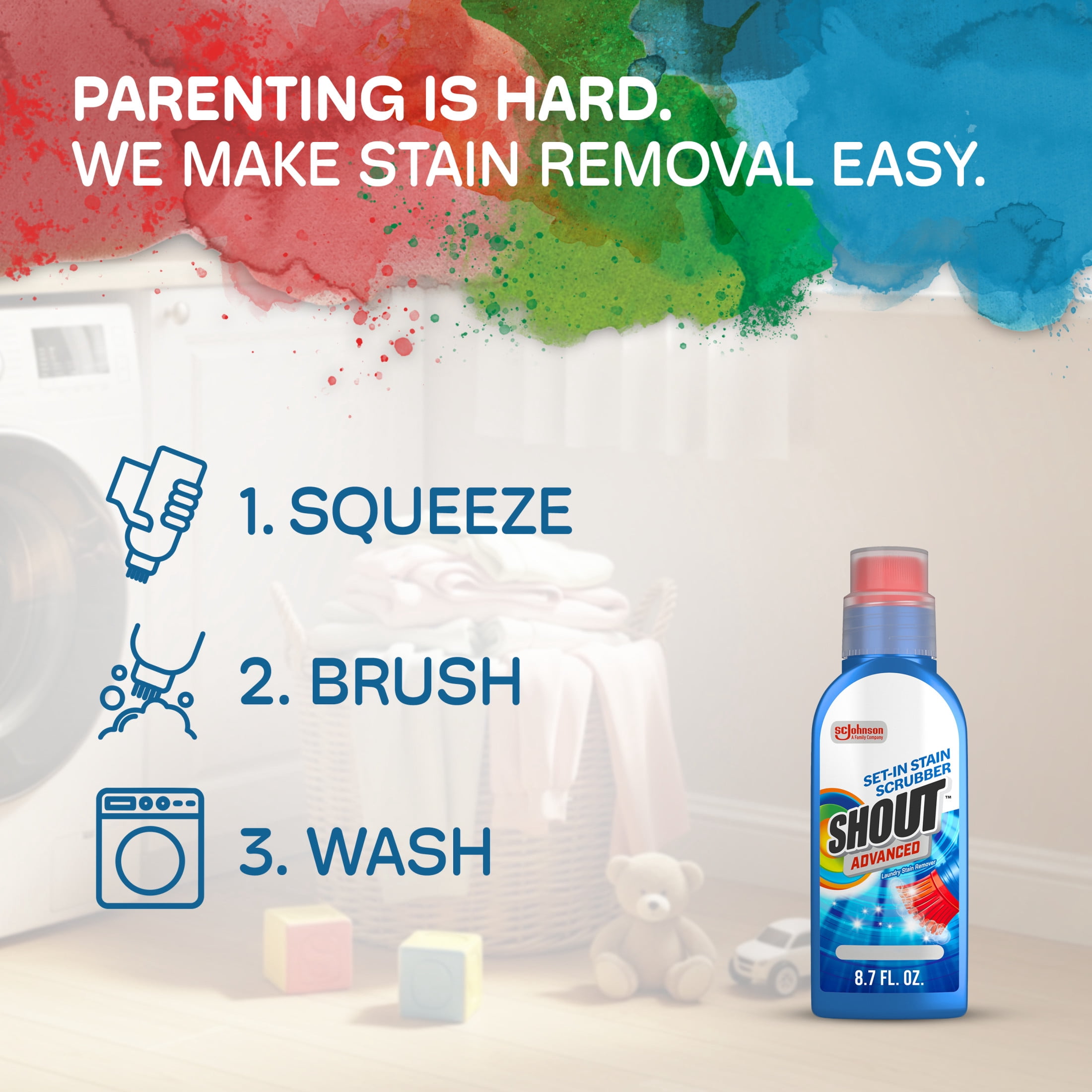 Shout Advanced Laundry Stain Remover, Ultra Concentrated Gel with Built-in Scrubbing Brush (8.7 oz) 24m4m