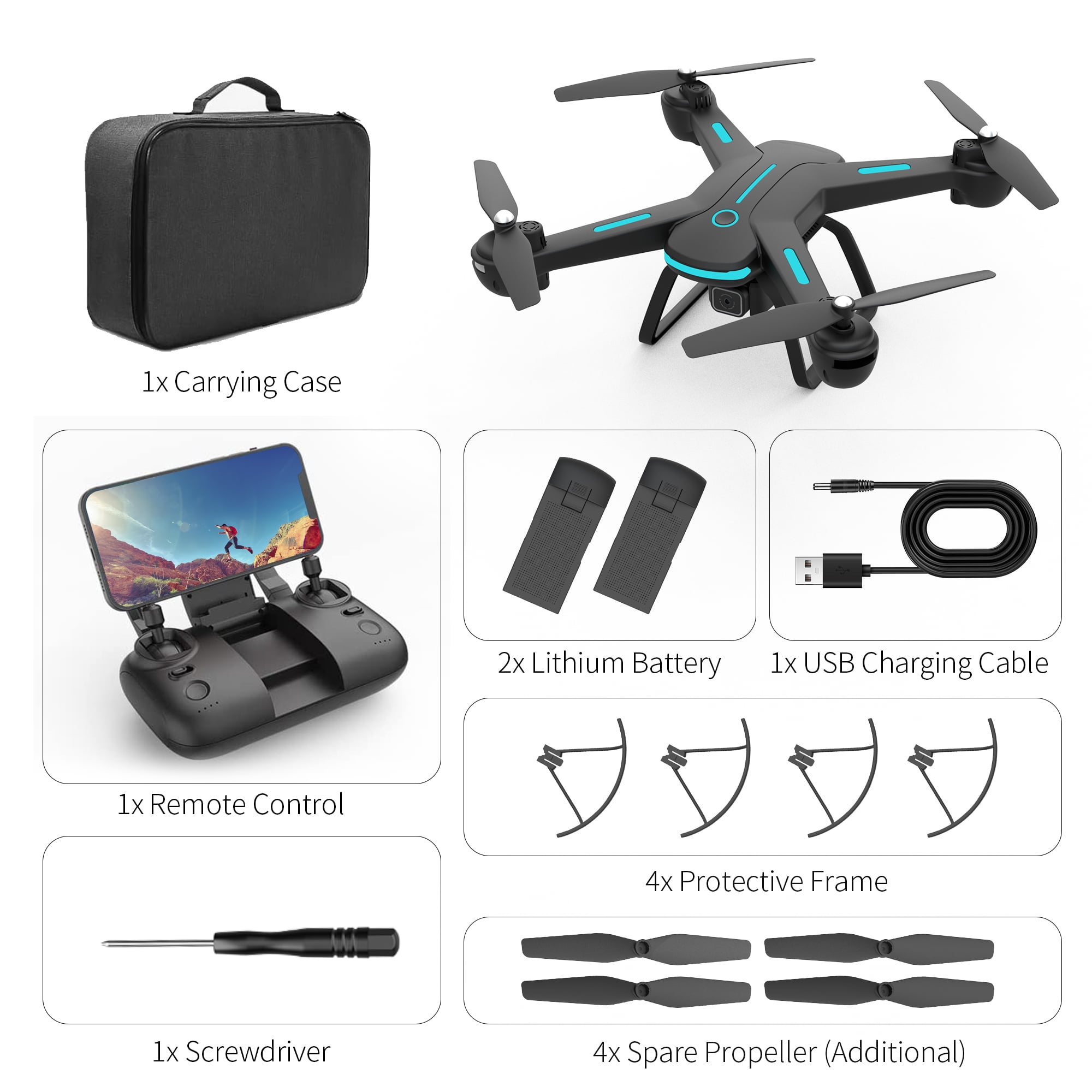 WEFONE JY03 Drone with 1080P HD Camera, FPV RC Quadcopter with Optical Flow Sensor and LED Lights (Black, 2 Batteries) rrupb