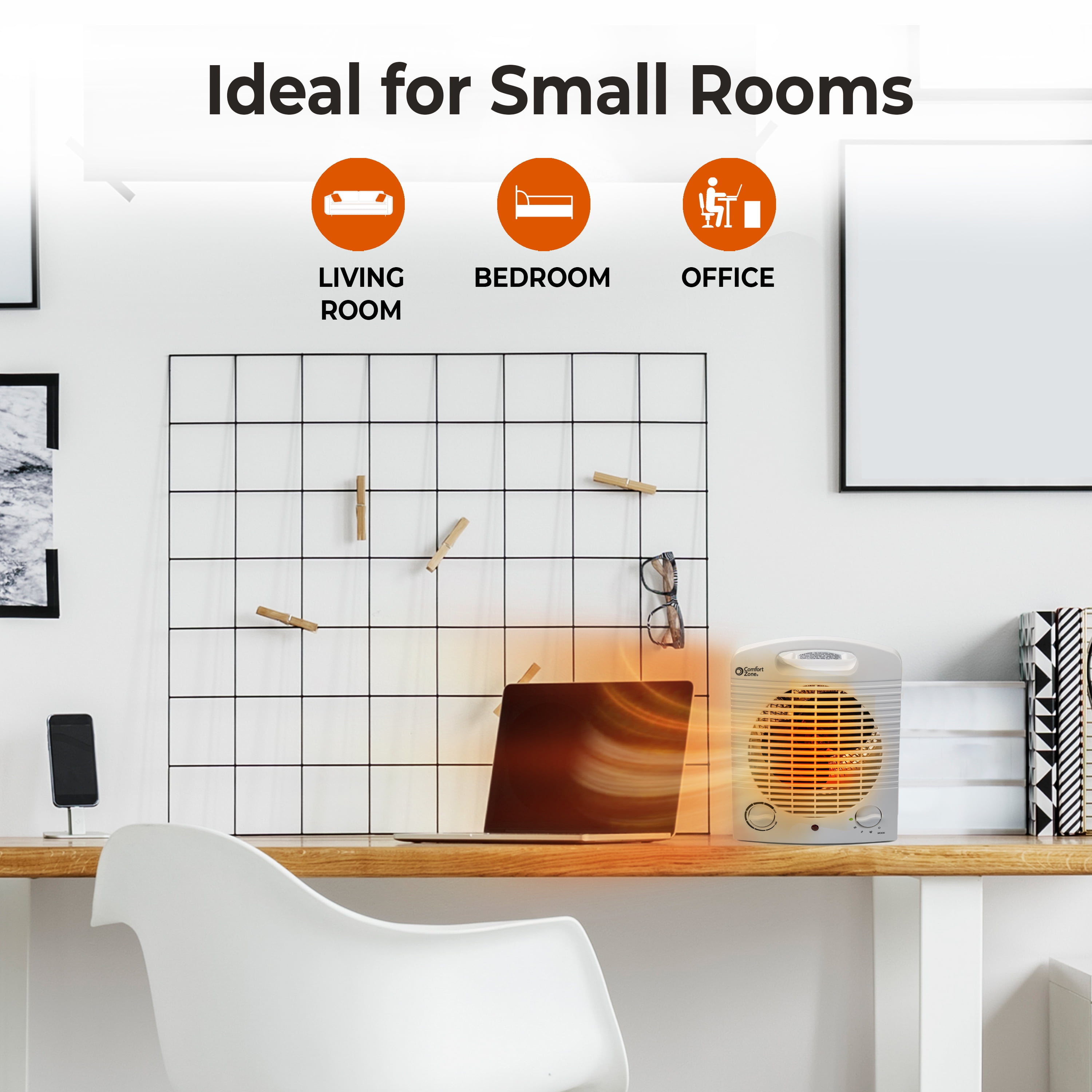 Comfort Zone Portable Electric Space Heater with Adjustable Thermostat (White, 150 sq ft) 3dexo