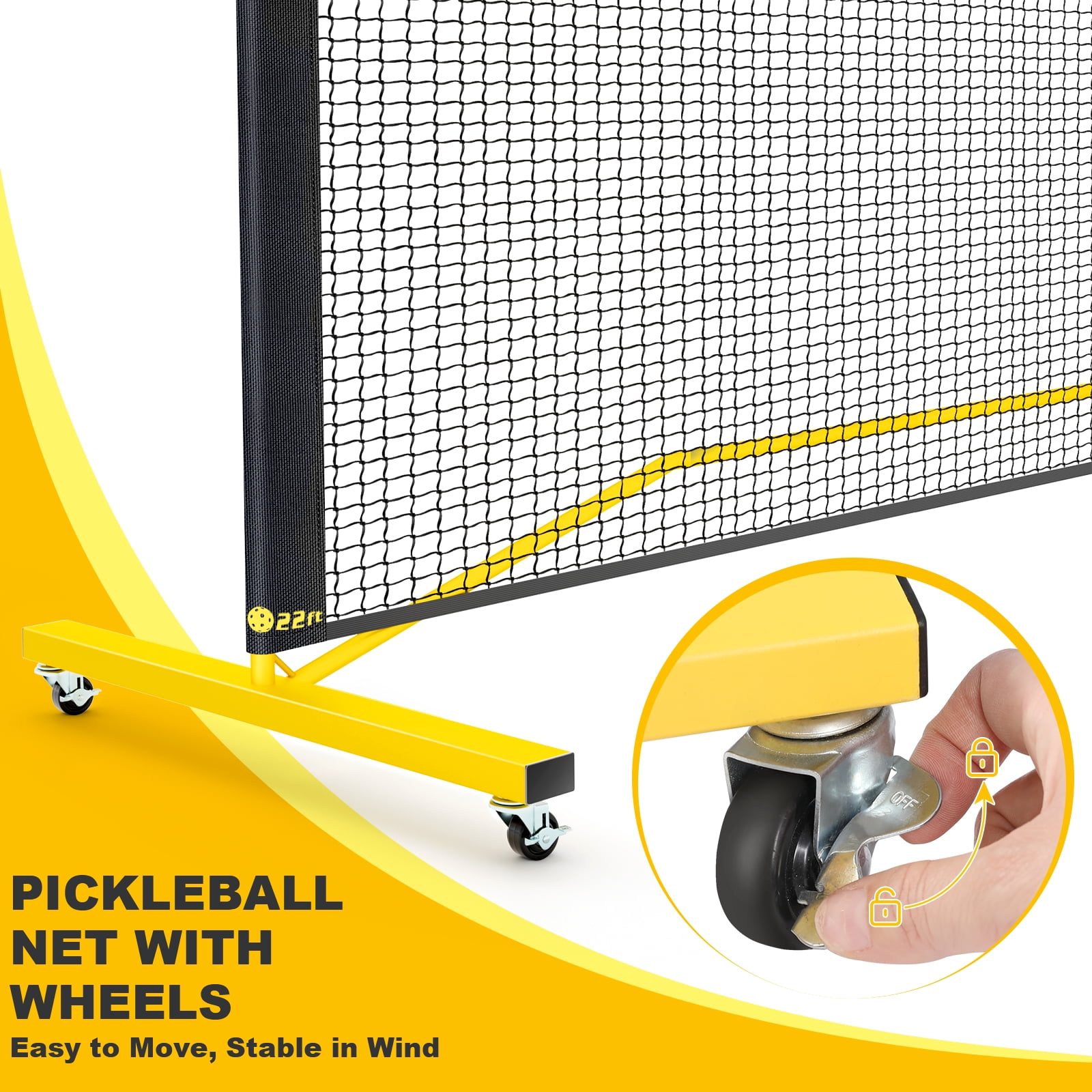 GIKPAL Portable Pickleball Net System with Wheels, Adjustable 22 ft and 11 ft Width (Yellow, 22 ft) 0638z