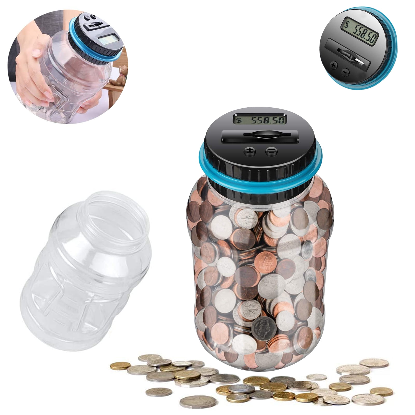 QISHI Digital Piggy Bank with LCD Coin Counter, Large Capacity Savings Jar for US Coins (Blue, 1.8 L) vikqj