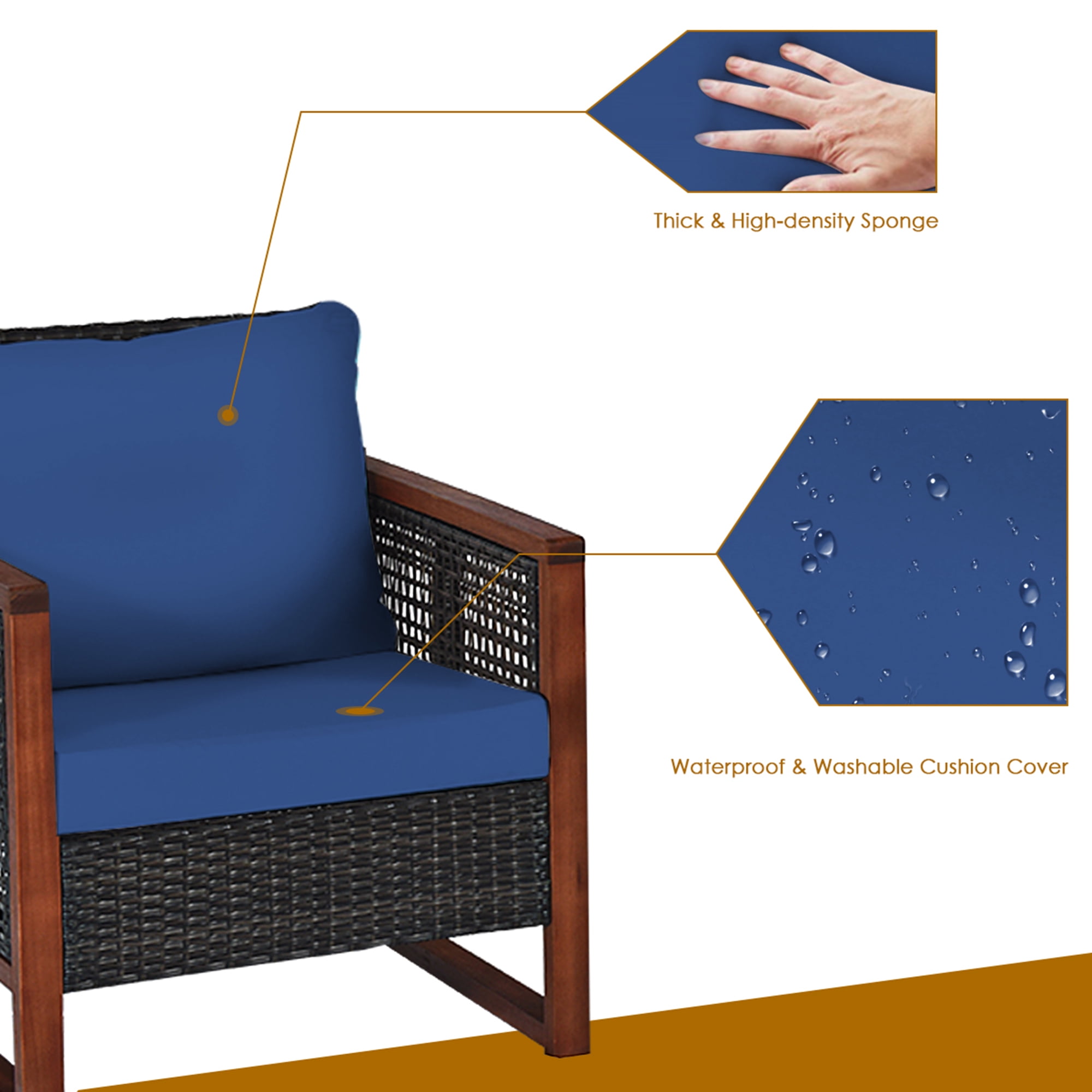 Gymax 3-Piece Rattan Wicker Patio Conversation Set with Navy Cushions (Acacia Wood Frame) 2o7cx