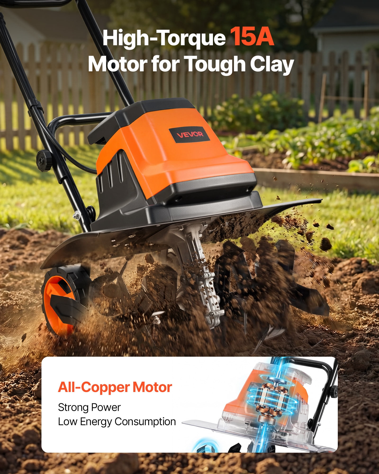 VEVOR Electric Tiller, 15-Amp Corded Garden Rototiller, 18 in Tilling Width with Heavy-Duty Steel Tines and Foldable Handle 9rf4x