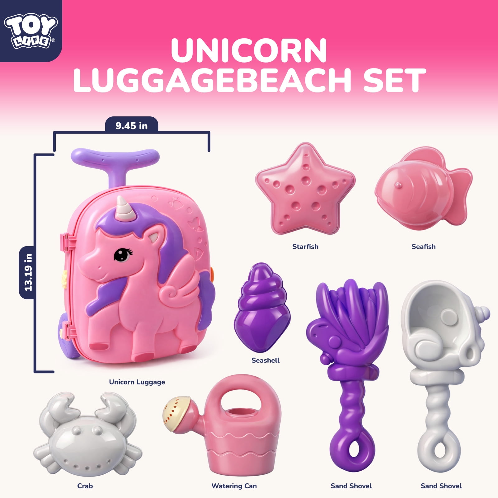 Toy Life Rolling Unicorn Sand Toy Set with Water Play Luggage (Pink, 8-Piece Set) z5nhs