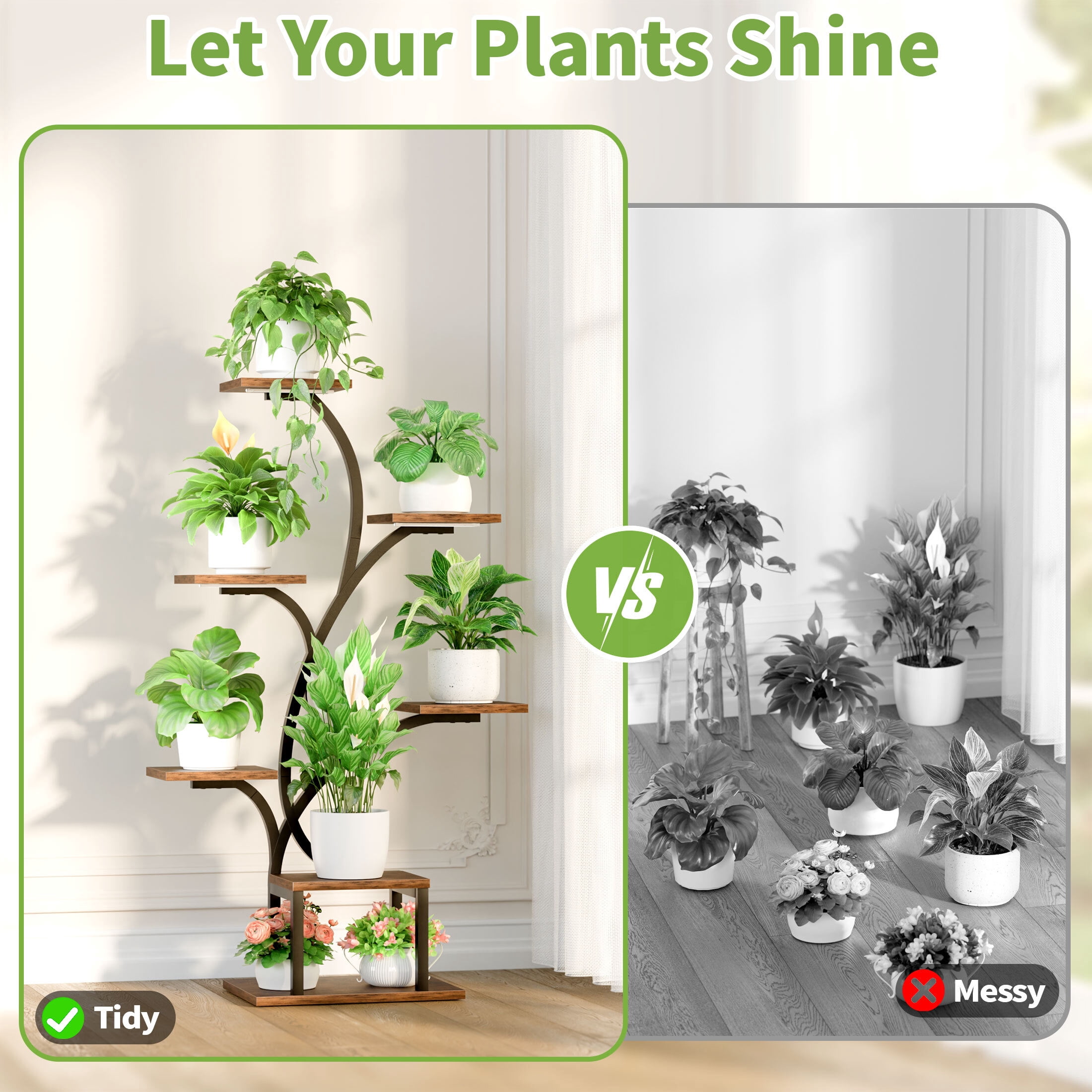 BECOKOME 7-Tier Indoor Plant Stand with LED Grow Lights, Vertical Corner Flower Display Rack (Black, 49 in) 4qr55