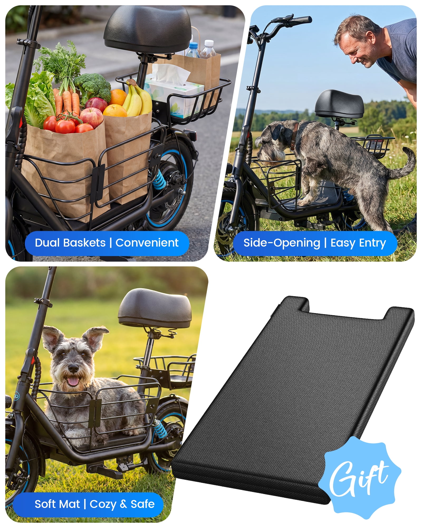 MIHOVER Electric Scooter for Adults and Pets with Seat and Pet Basket (Black, 300 lb) k6a9e