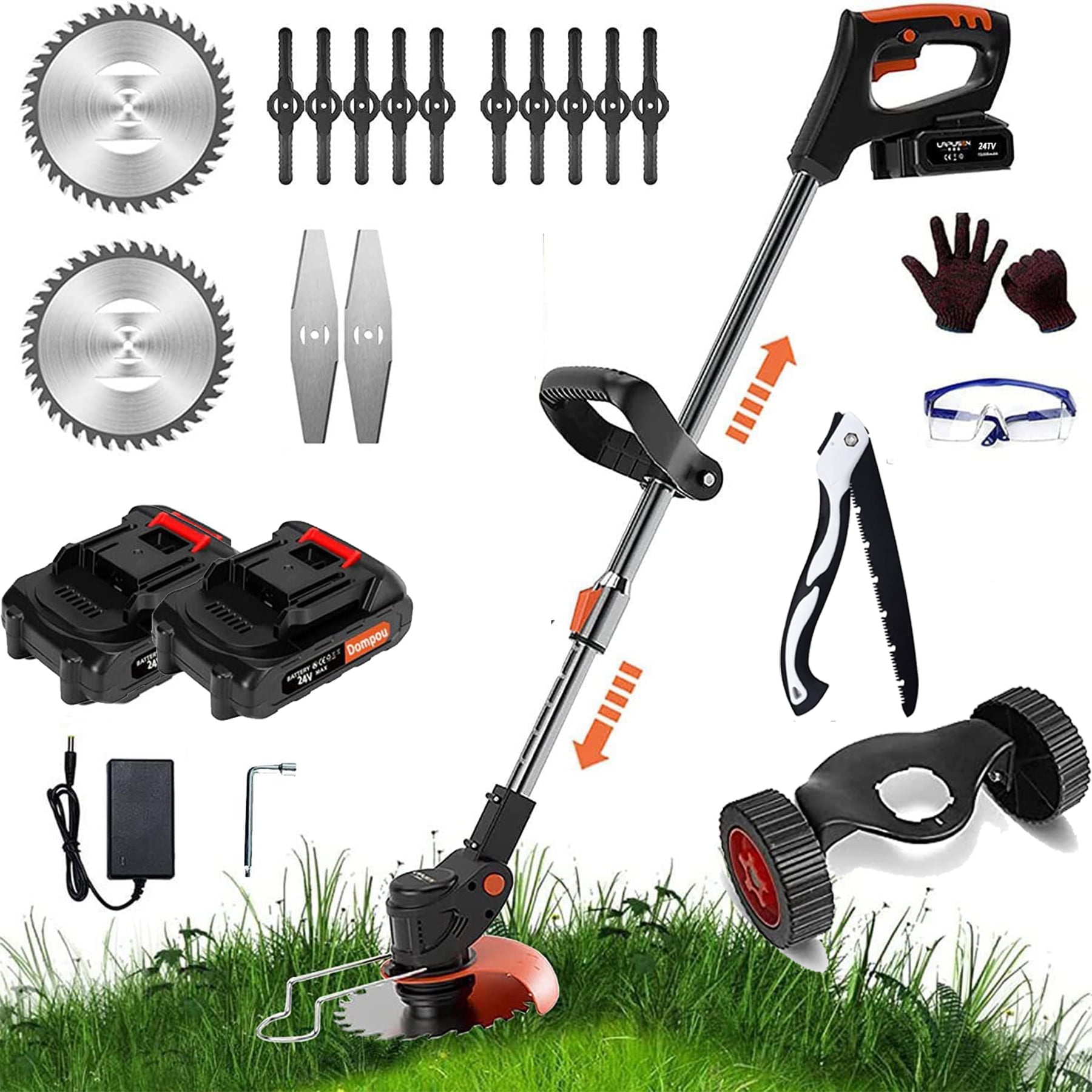 Bikkii Electric Cordless Grass Trimmer, Weed Wacker Lawn Edger with Wheels (Adjustable 35.4 in - 47.2 in) voglv