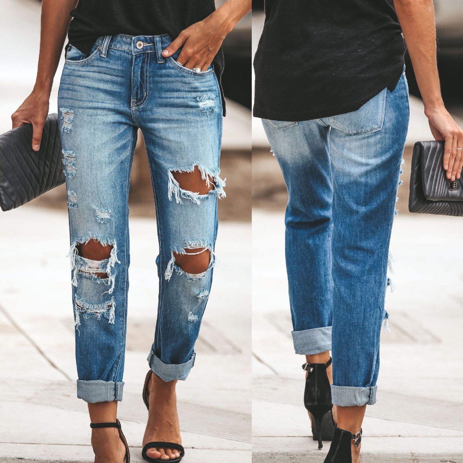 TaTaai Womens High Waist Straight Leg Distressed Jeans (Blue, Medium) axz75