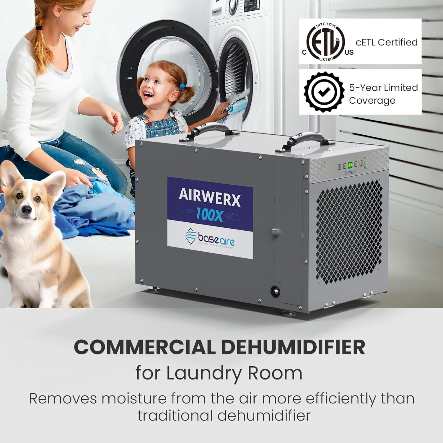 BaseAire Commercial Crawlspace Dehumidifier with Built-in Pump and Drain Hose (Grey, 220 Pints) 70mvq