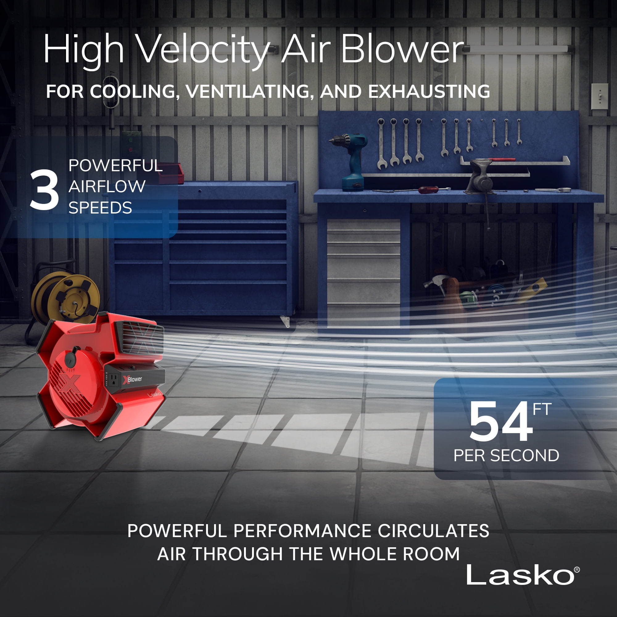 Lasko X-Blower 11 in High Velocity Utility Fan with USB Ports and Power Outlet (Red, 11 in) hkx2j