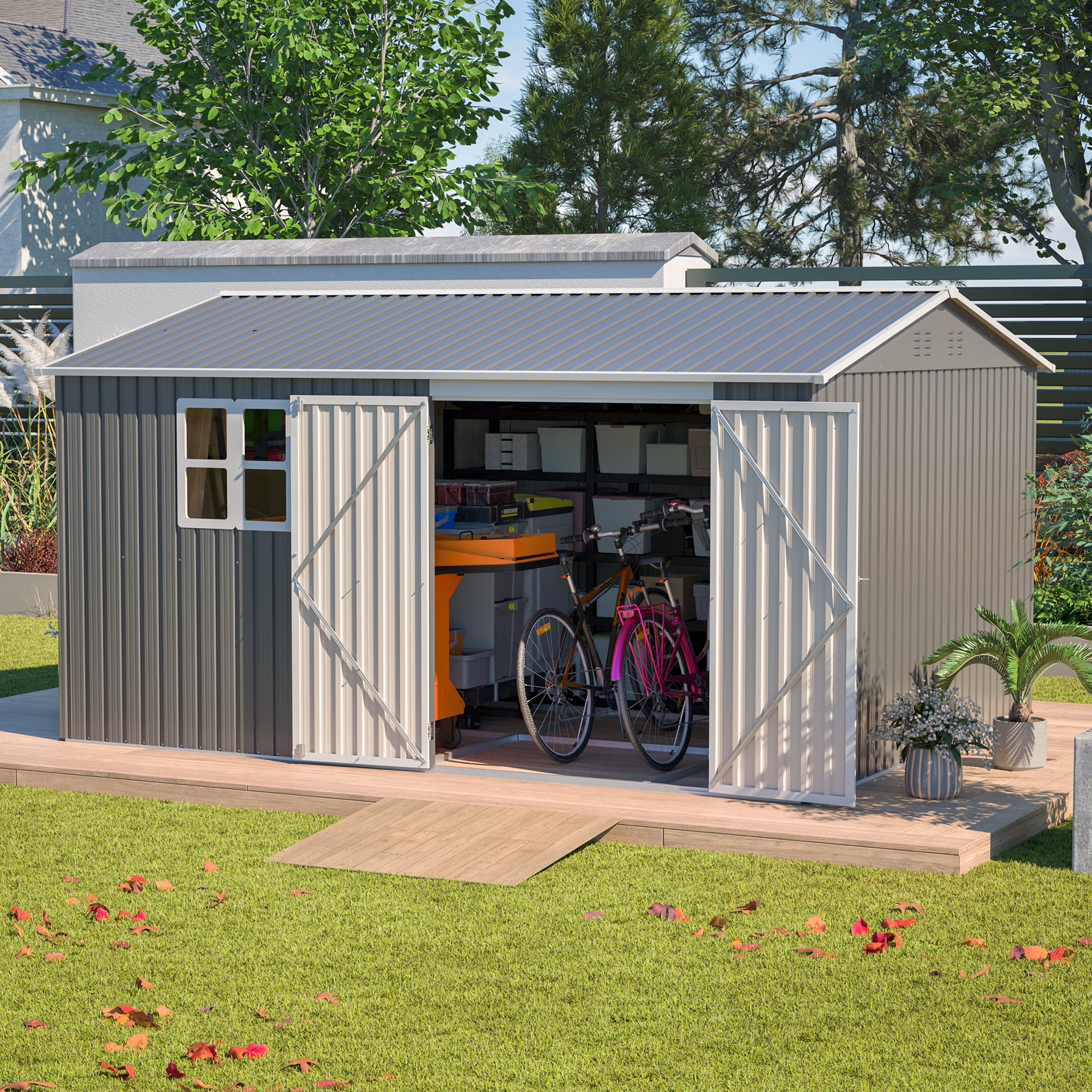 LZBEITEM 12 ft x 10 ft Outdoor Storage Shed with Floor Frame and Window (Gray) 137l9