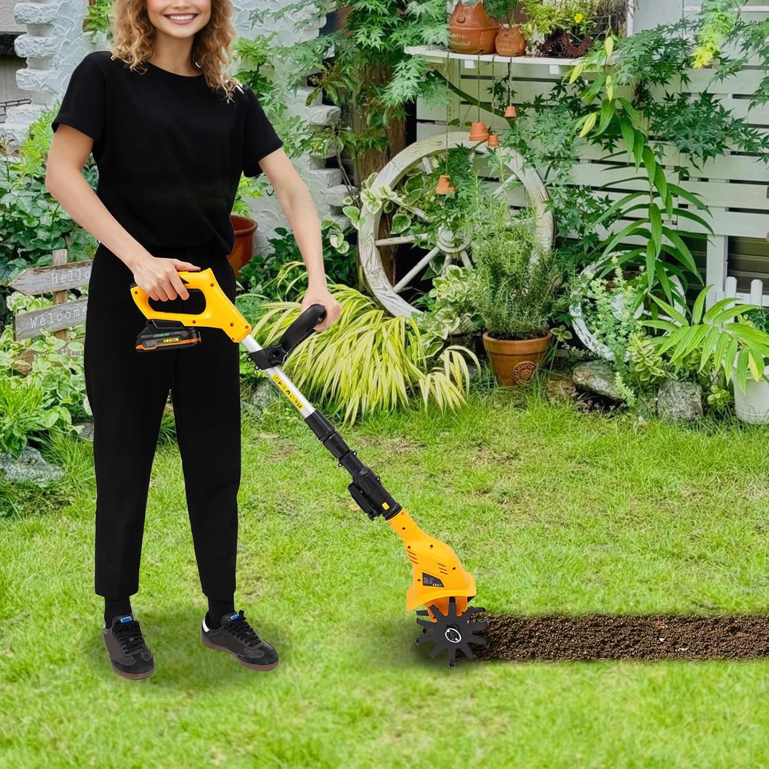 Generic 20V Cordless Electric Garden Tiller Cultivator (Adjustable Shaft, 8.38 lb) qbyu1