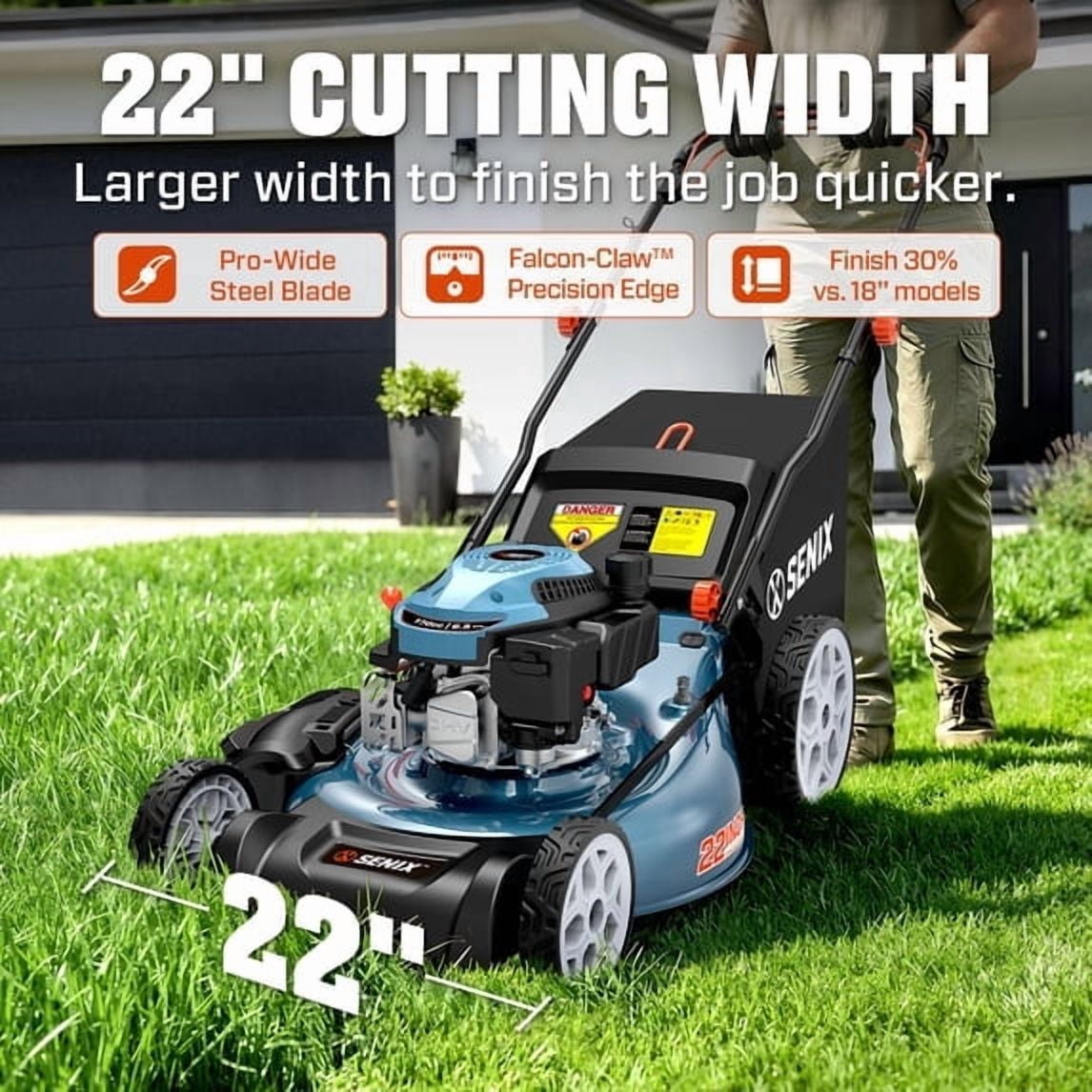 Senix 3-Tool Lawn Care Combo Kit (22 in Self-Propelled Gas Mower, Cordless Leaf Blower, String Trimmer, Blue) wgt7u