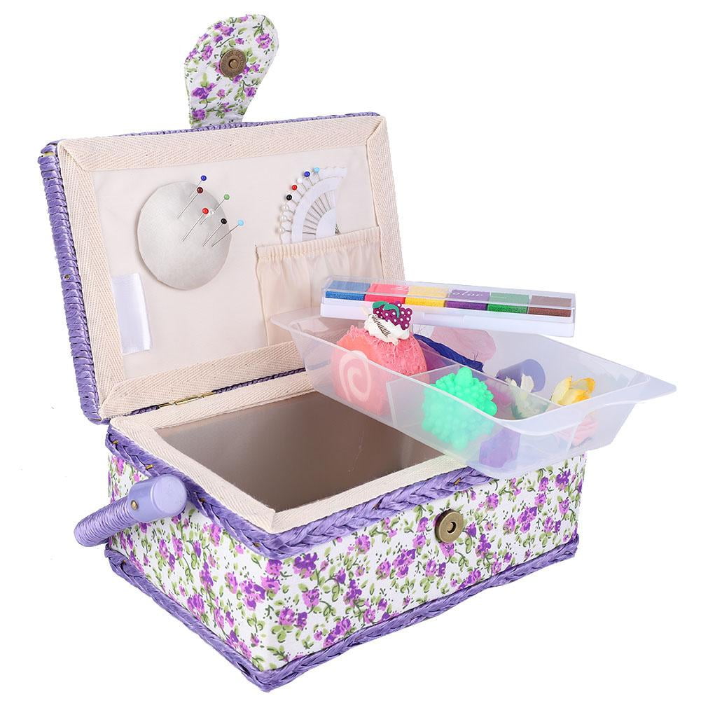 Tebru Sewing Basket Organizer with Handle, Double-Layer Storage Box for Thread and Needle (Purple Flower, 12 in x 9 in x 6 in) bo8la