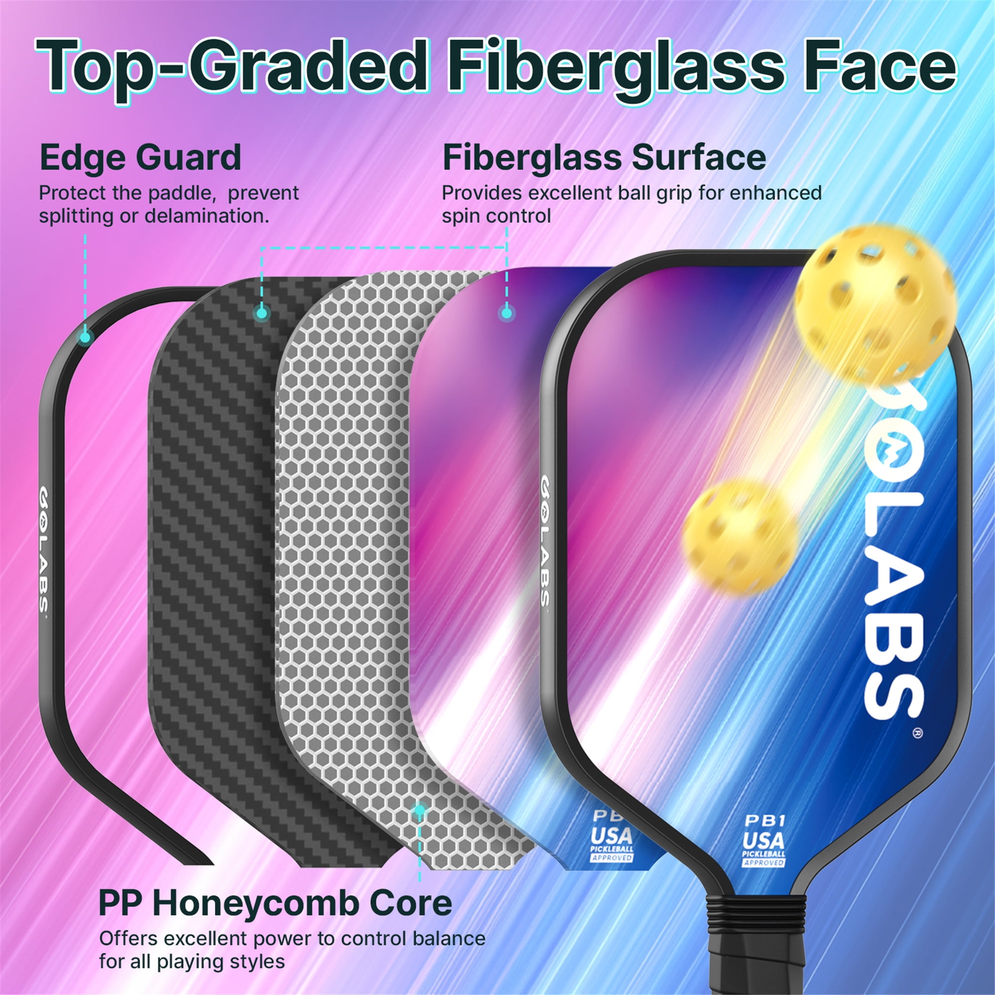 Golabs PB1 Pickleball Paddle Set, Fiberglass Surface with 4 Balls and Carry Bag (Pink, 2-Pack) a4nz8