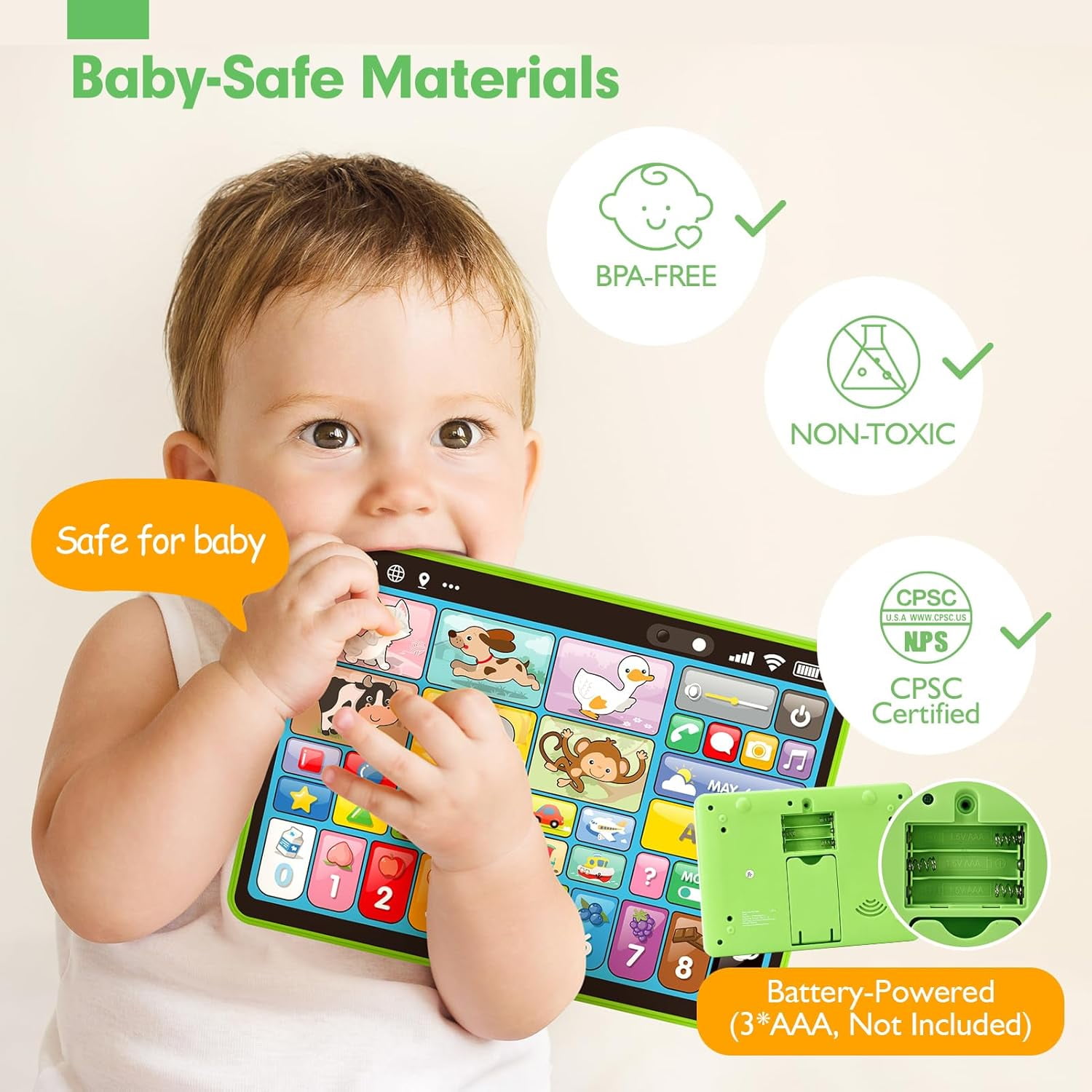 Adofi Trilingual Learning Tablet for Toddlers, Montessori Educational STEM Toy with Music and Lights (Green, 1 Pack) mavea