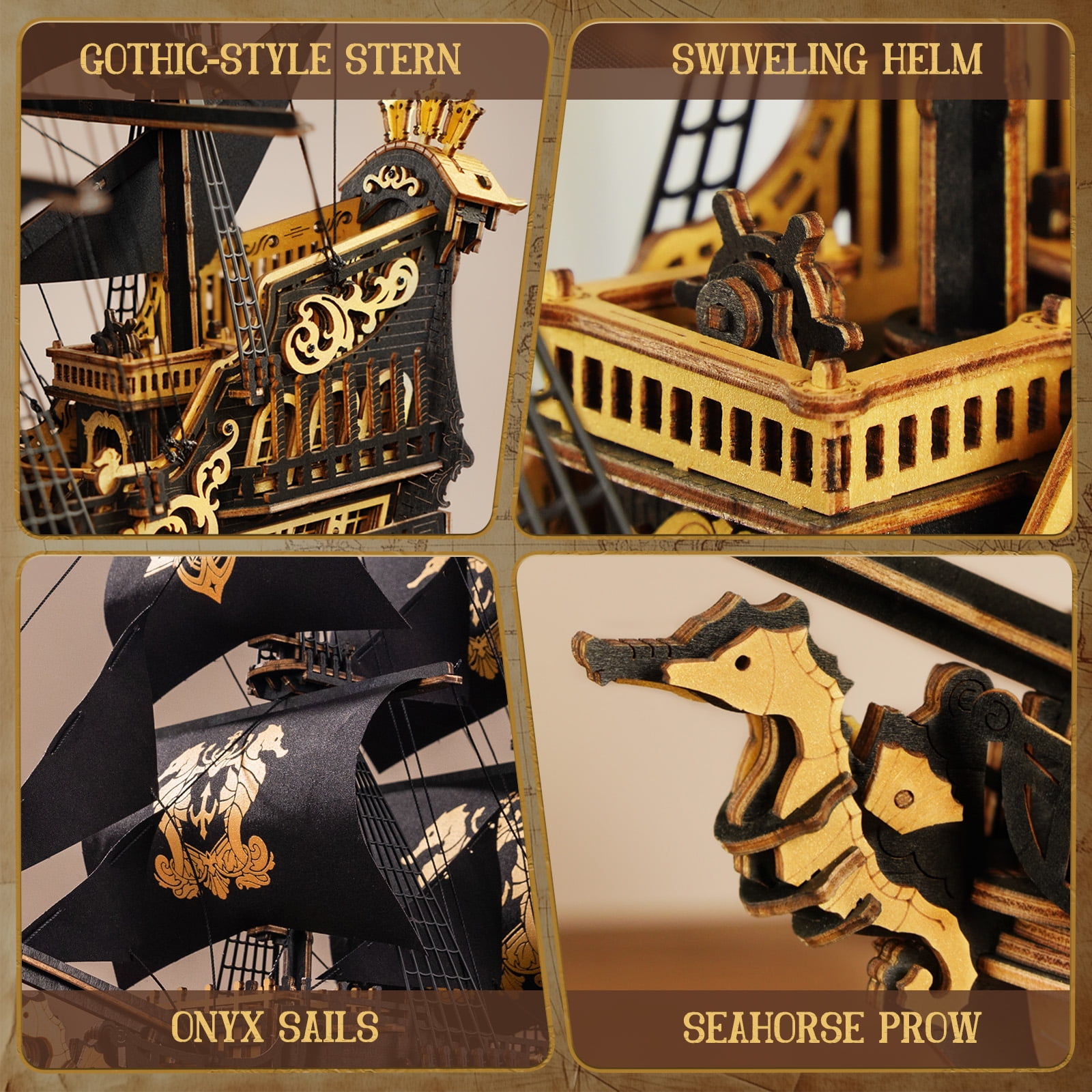 Robotime Wooden 3D Puzzle The Seahorse Barque Mechanical Model Kit (Black and Gold, 603 Pieces) 3snf6