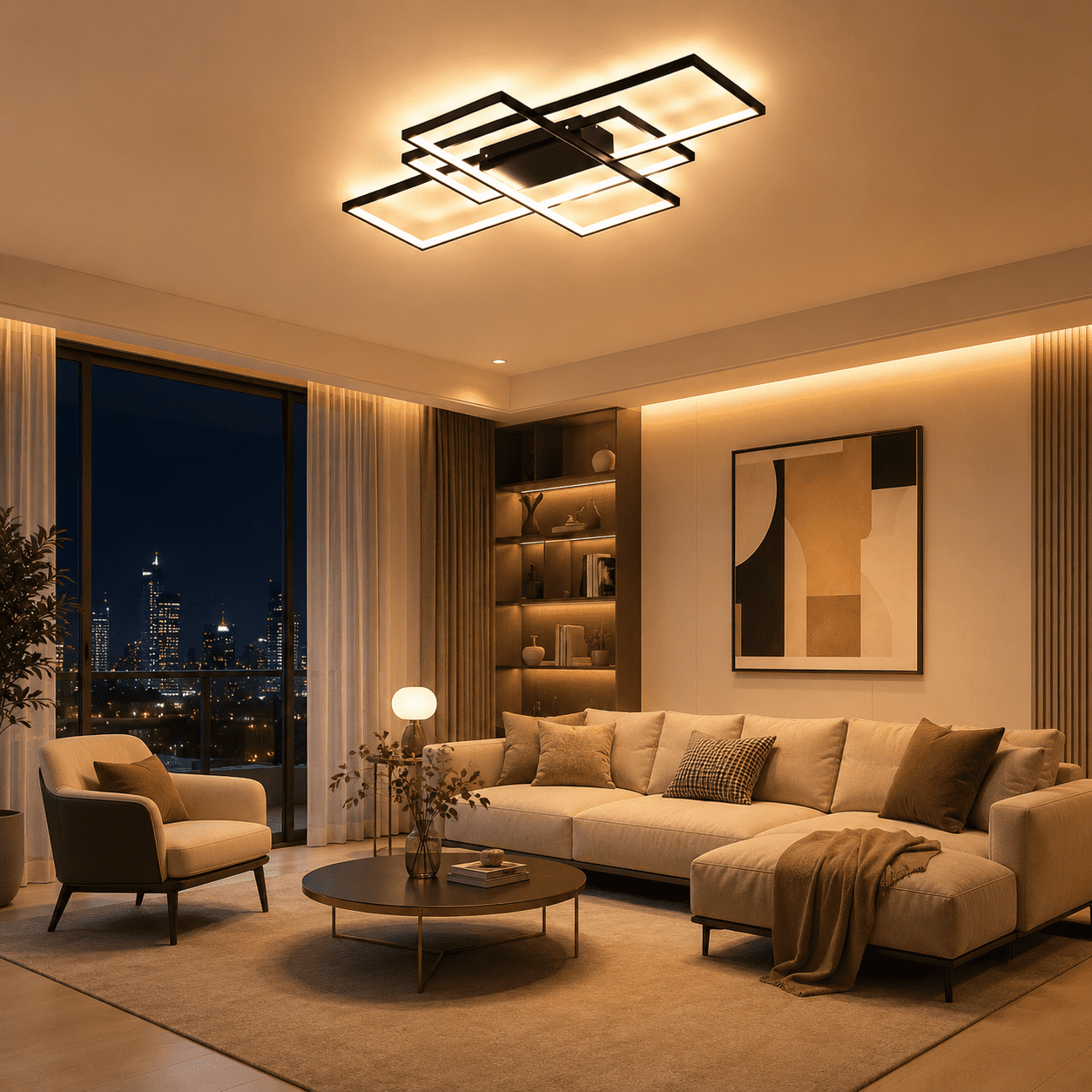 Garwarm 3-Square LED Ceiling Light, Modern Flush Mount Fixture with Remote Control (Black, 35.4 in) 58gf2