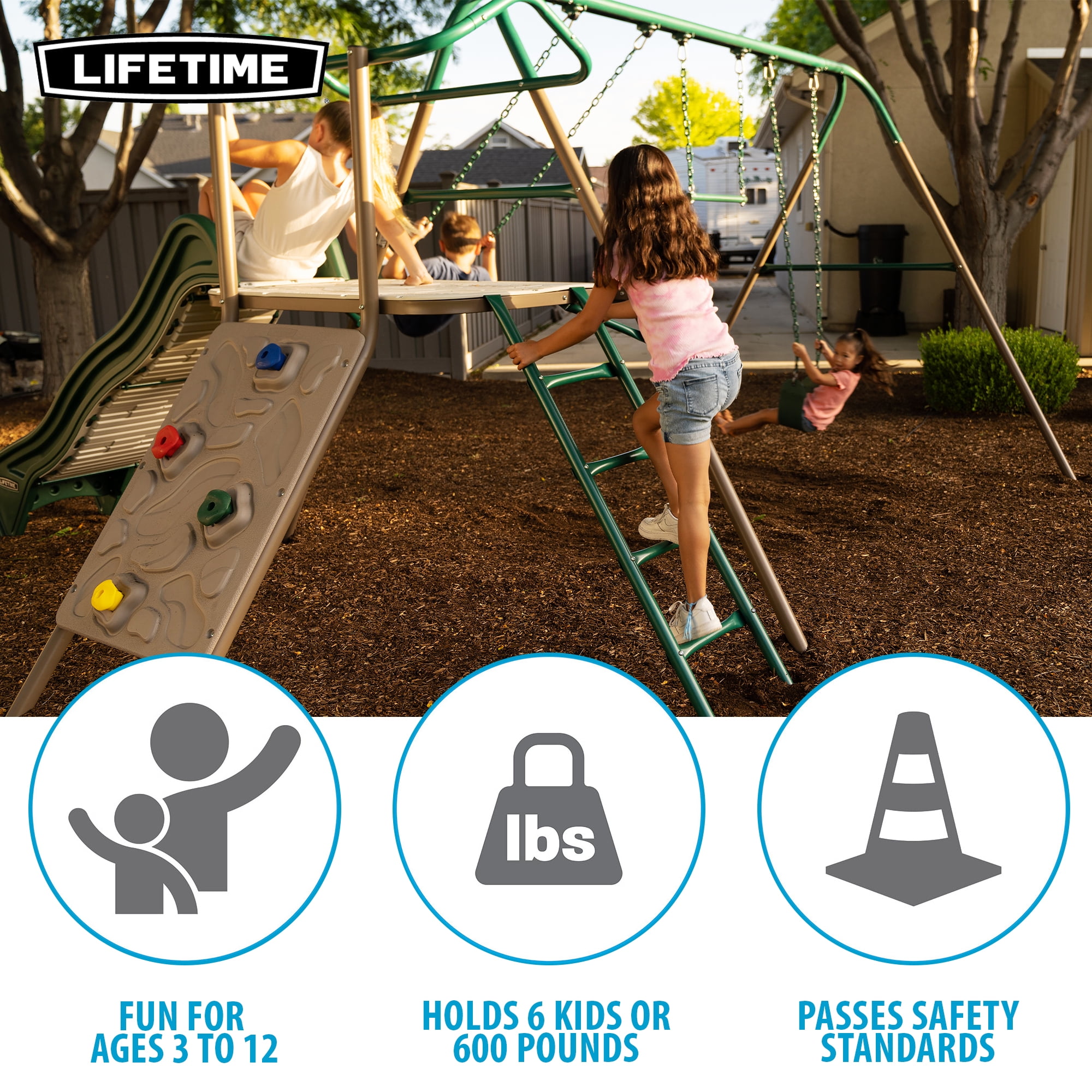 Lifetime Outdoor Adventure Swing Set with Slide, Climbing Wall, and Trapeze Bar (Green, 1 Set) twtmy