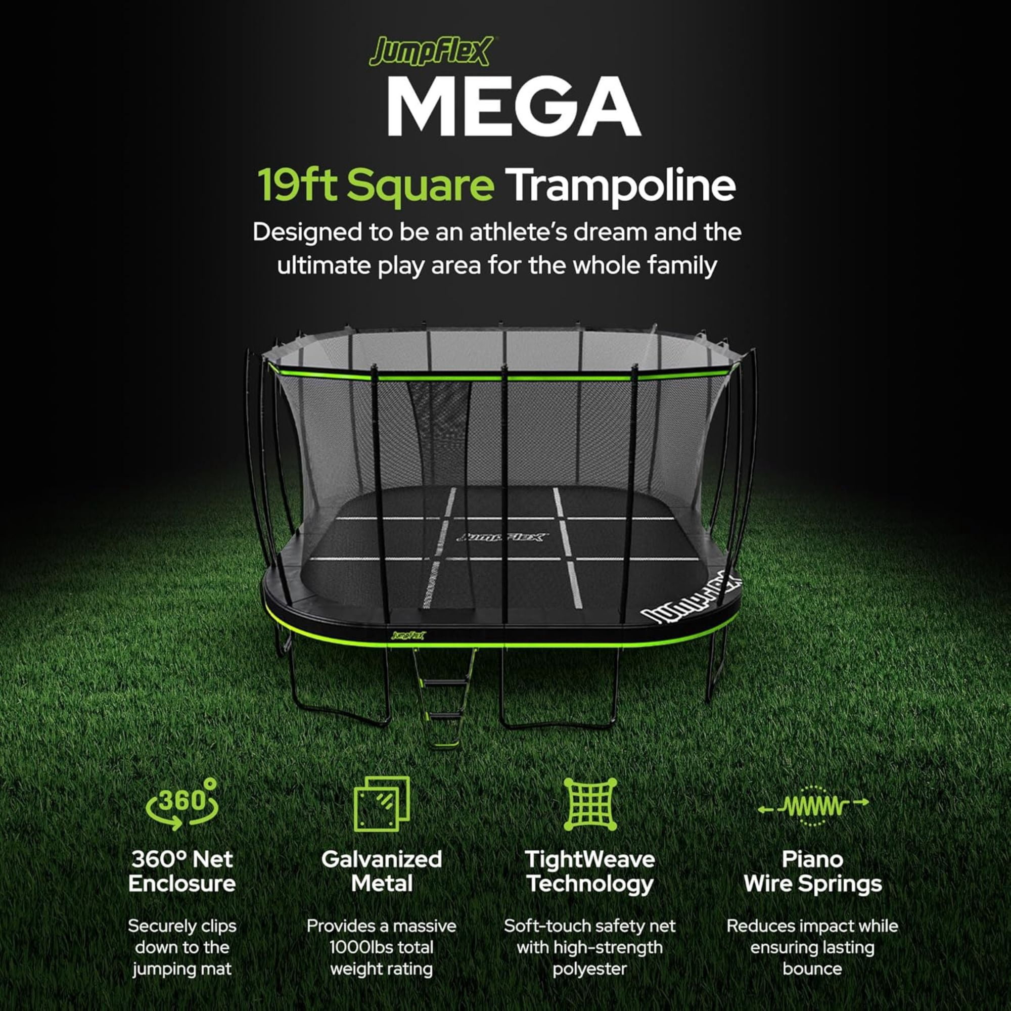 JumpFlex 19 ft Trampoline MEGA Outdoor Playset with Safety Net and Ladder (Green/Black, 19 ft) 5didx