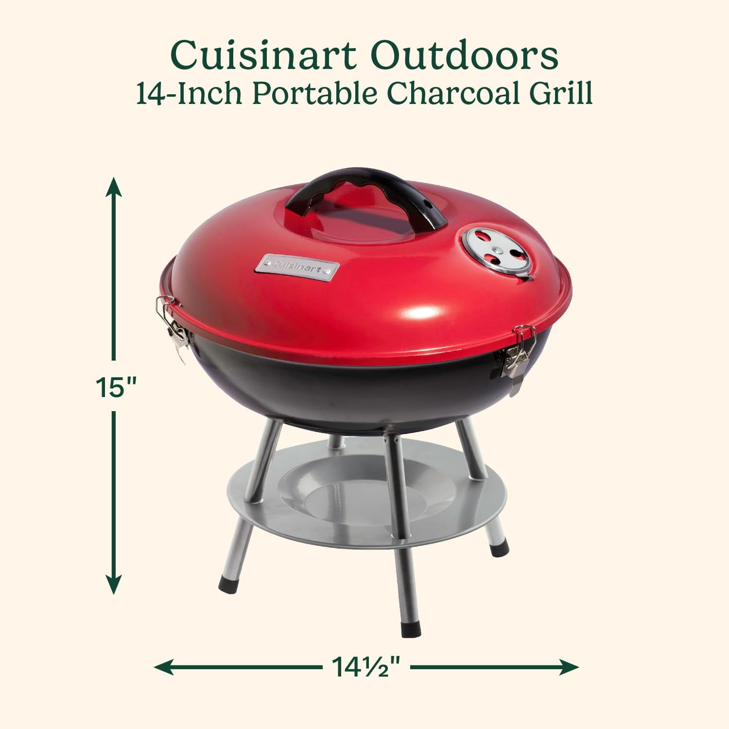 Cuisinart Charcoal Tabletop Kettle Grill, Portable Outdoor BBQ for Camping (Red, 14 in) k9934