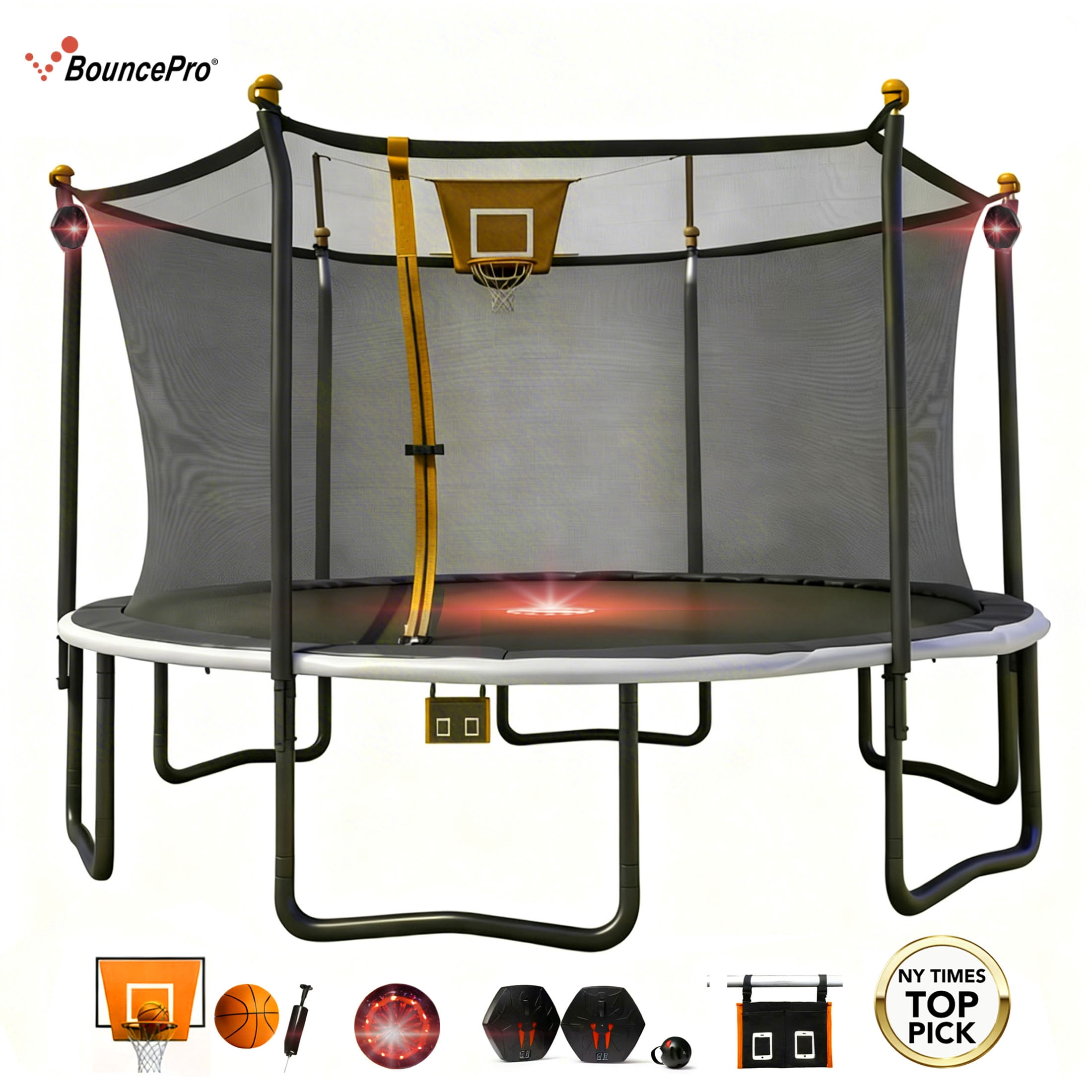 Bounce Pro 14 ft Multiplay Trampoline with Safety Enclosure, Basketball Hoop, and Electronic Target Game (14 ft) pwd9v