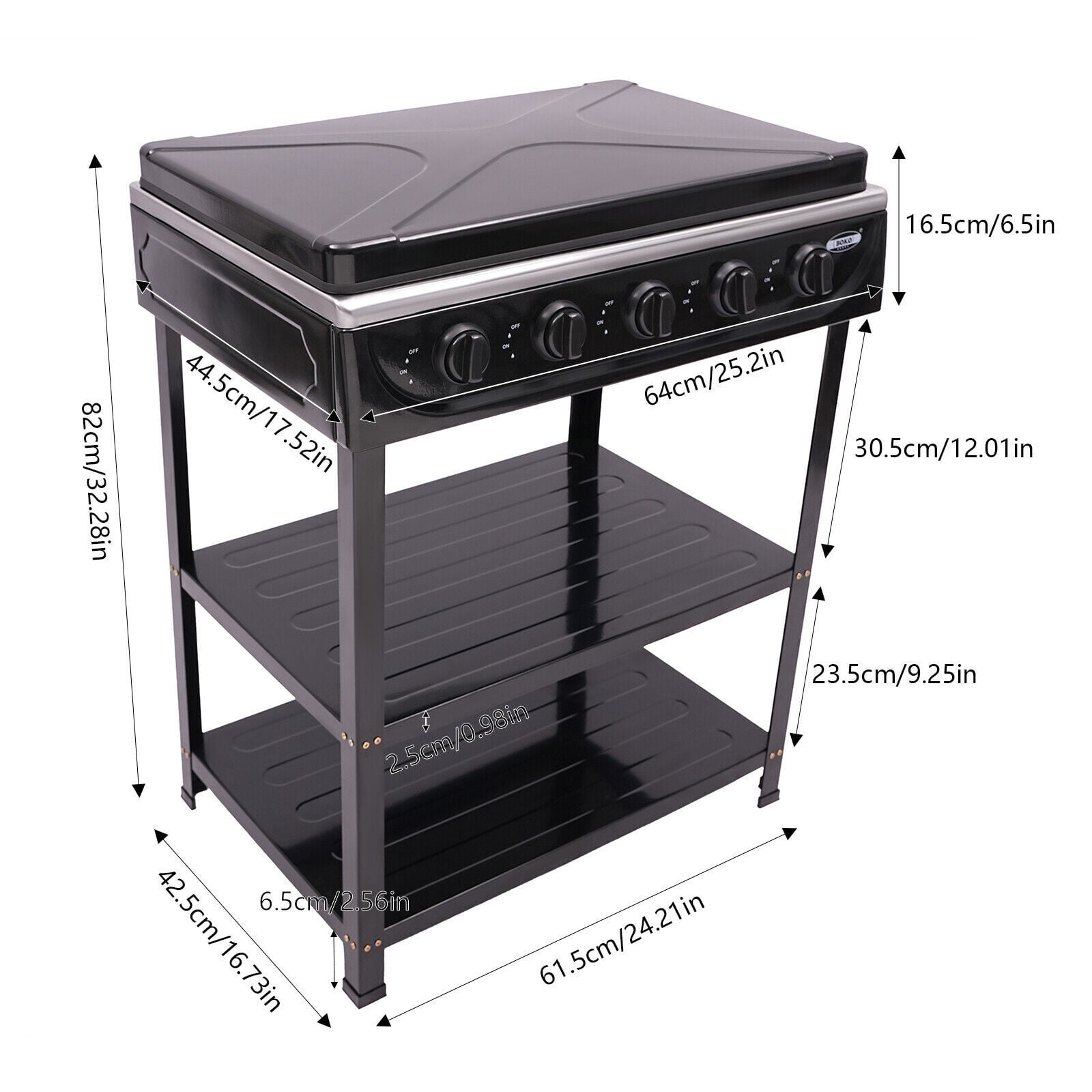 Generic 5-Burner Gas Stove Outdoor Camping BBQ Grill with 2-Tier Storage Rack (Black) g36xu