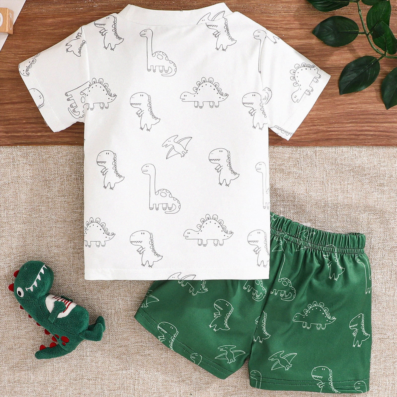 KPOPLK Toddler Baby Boy 2-Piece Outfit Set Short Sleeve Bodysuit and Shorts Cartoon Dinosaur Print (Green, 2-3T) eeun6