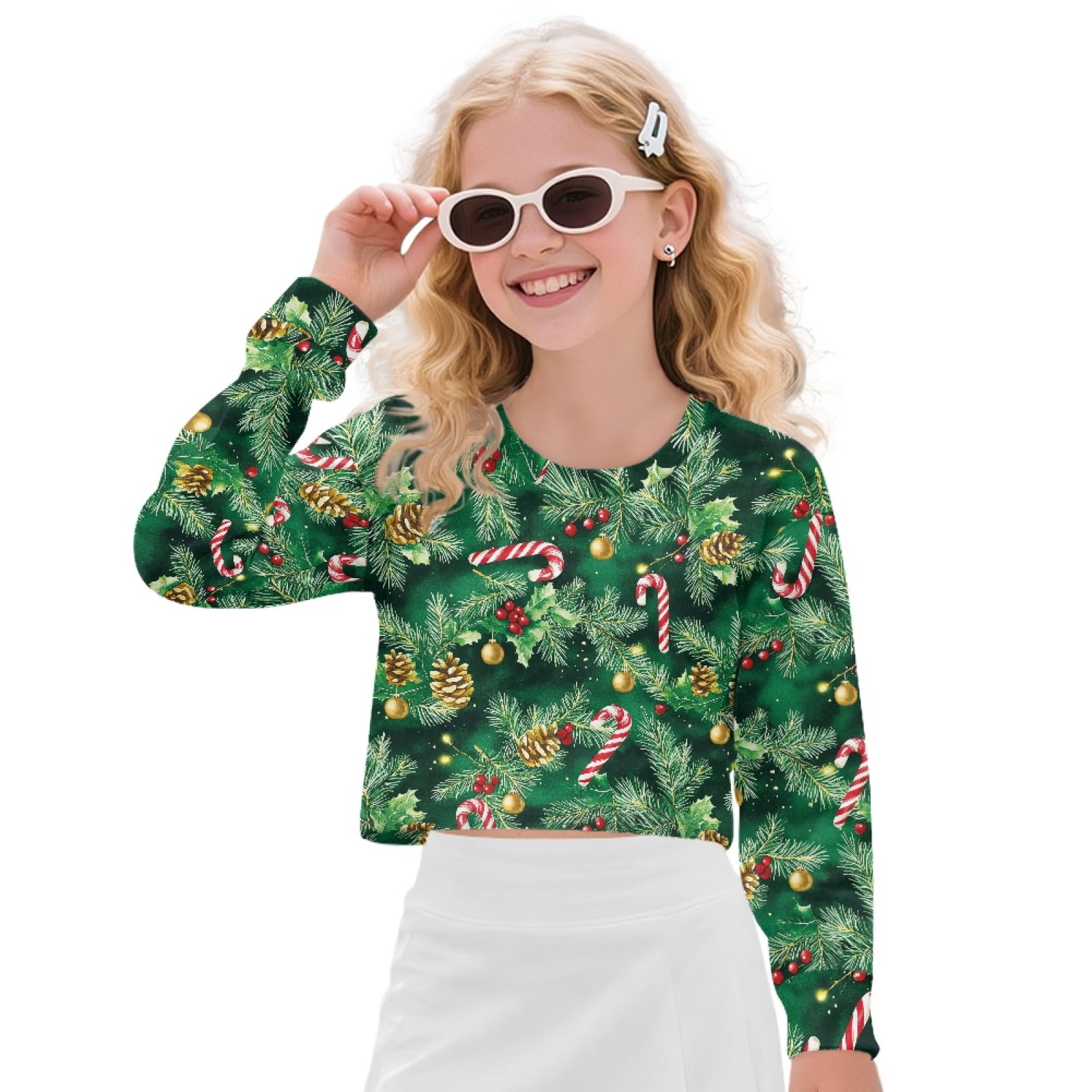 Xoenoiee Girls Christmas Print Cropped Sweatshirt Long Sleeve Pullover (Multi, 7-8 Years) mxjtx