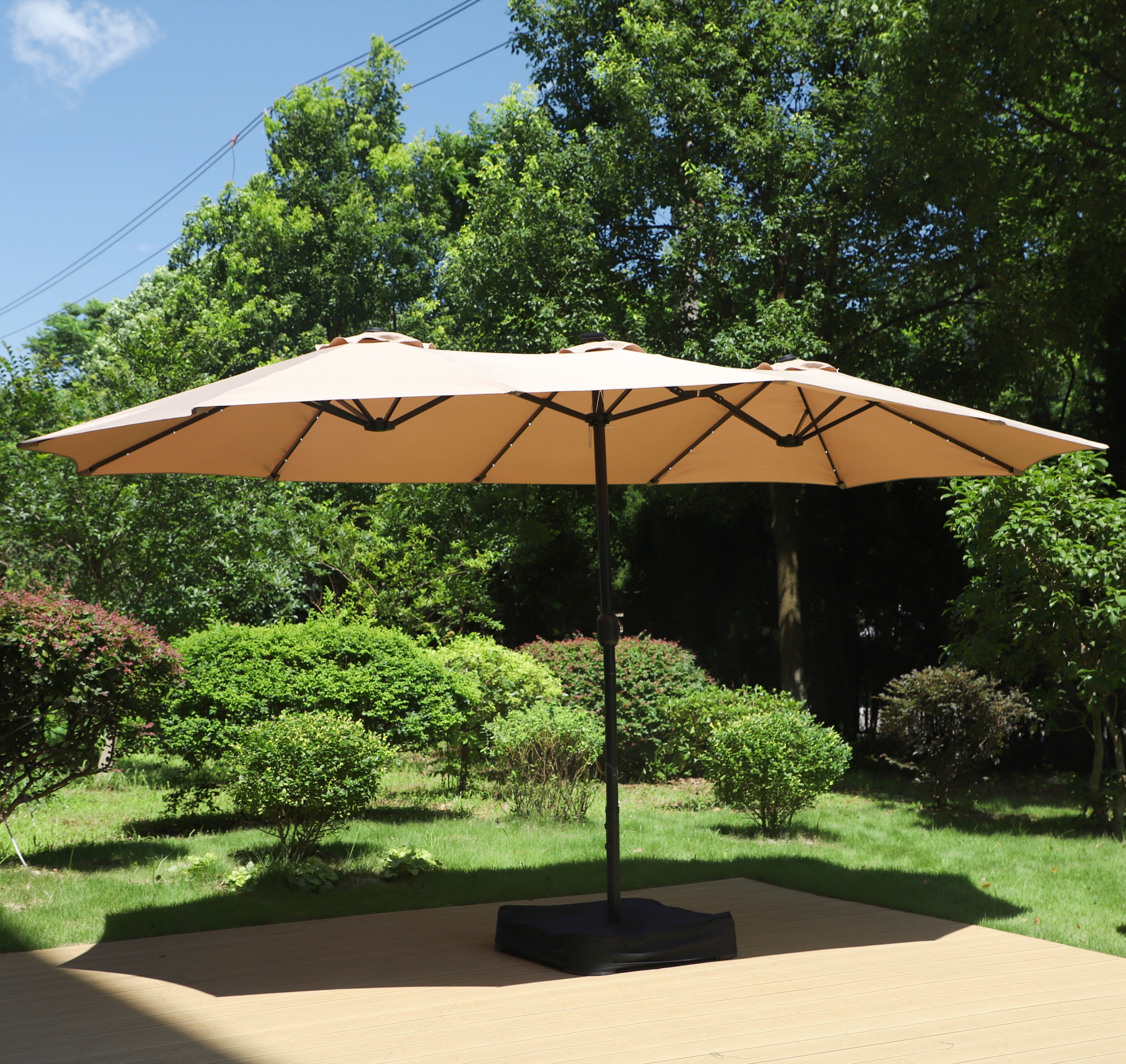 Summit Living 15ft Double-Sided Solar Patio Umbrella with LED Lights and Base (Beige, 15 ft) lu4o0