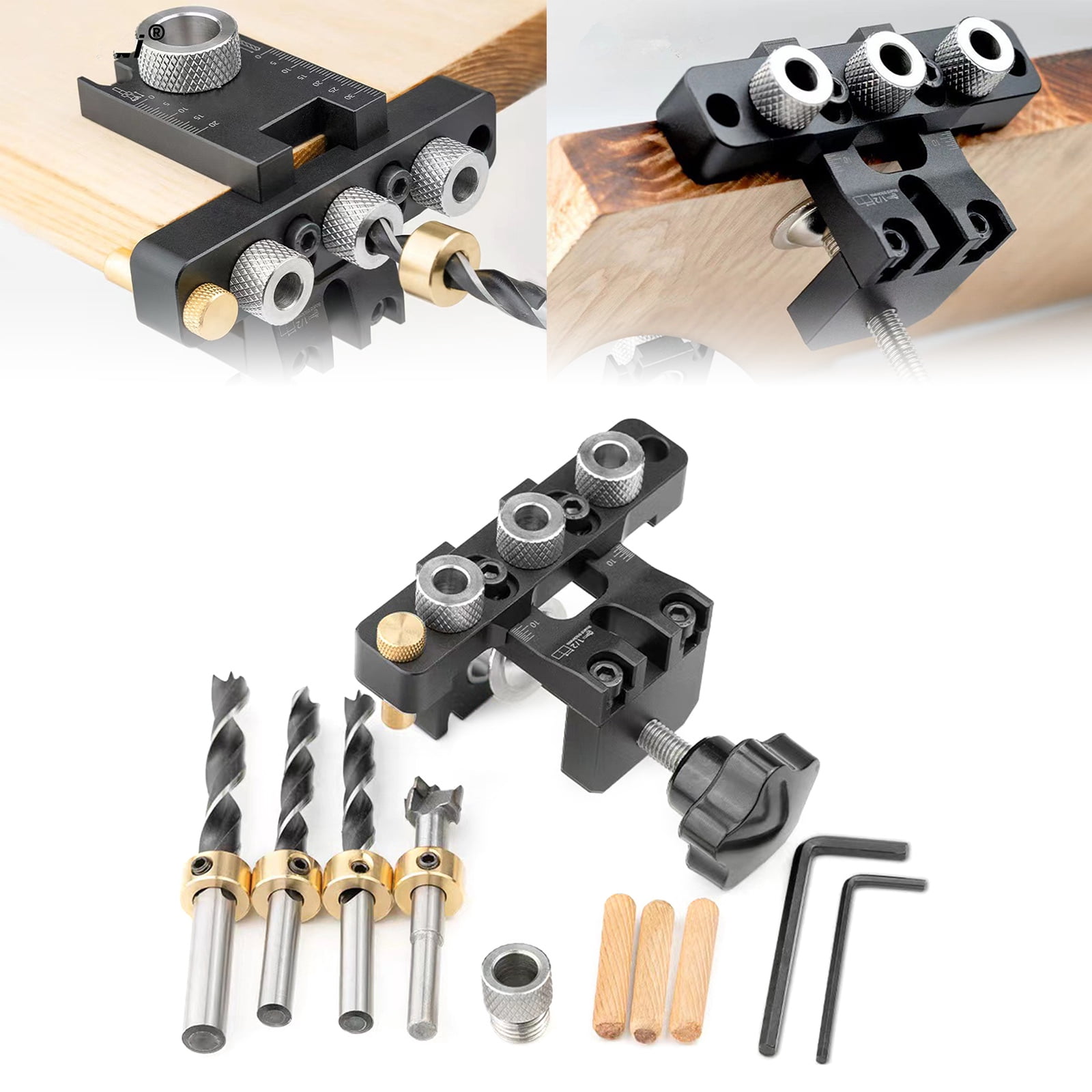 YAUXIM Adjustable 3-in-1 Woodworking Doweling Jig Kit (Pocket Hole Drilling Guide Locator for Furniture Assembly) 79xy0