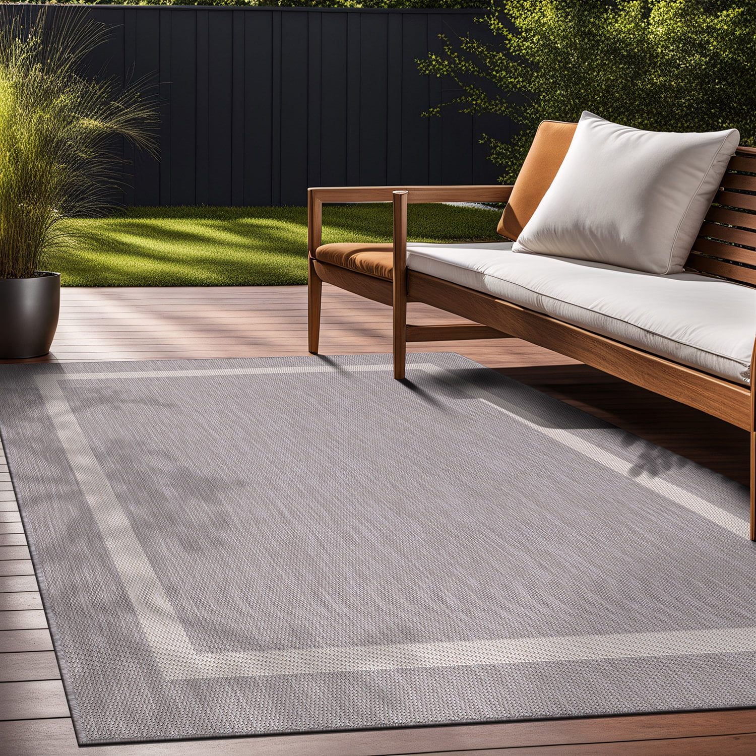 Beverly Rug Indoor Outdoor Area Rug, Bordered Patio Porch Garden Carpet (Gray and White, 5 ft x 7 ft) w4mme