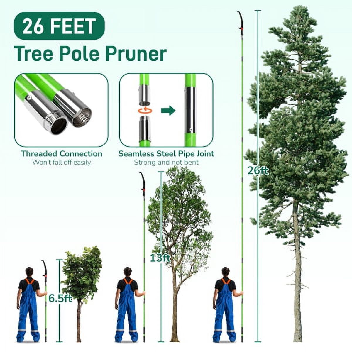AsterOutdoor 26ft Manual Pole Saw Tree Trimmer Set with Extendable Fiberglass Handle (Green, 26 ft) 7ij24