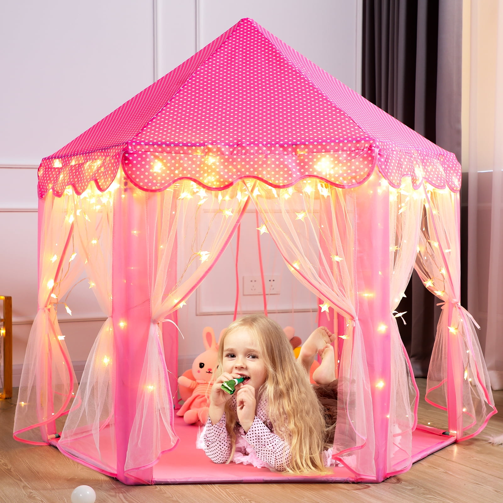 Wilwolfer Princess Castle Kids Indoor Play Tent, Hexagon Fabric Playhouse with Star Lights (Pink, Large) xa3zu