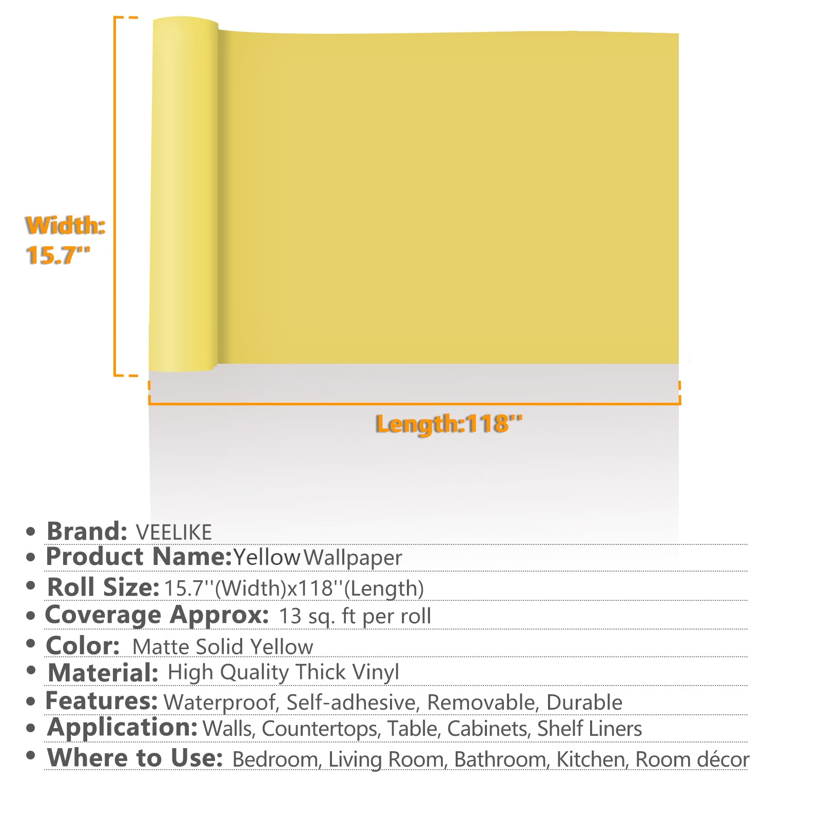 VEELIKE Solid Yellow Contact Paper Peel and Stick Wallpaper for Furniture and Walls (Yellow, 15.7 in x 118 in) 8ehhv